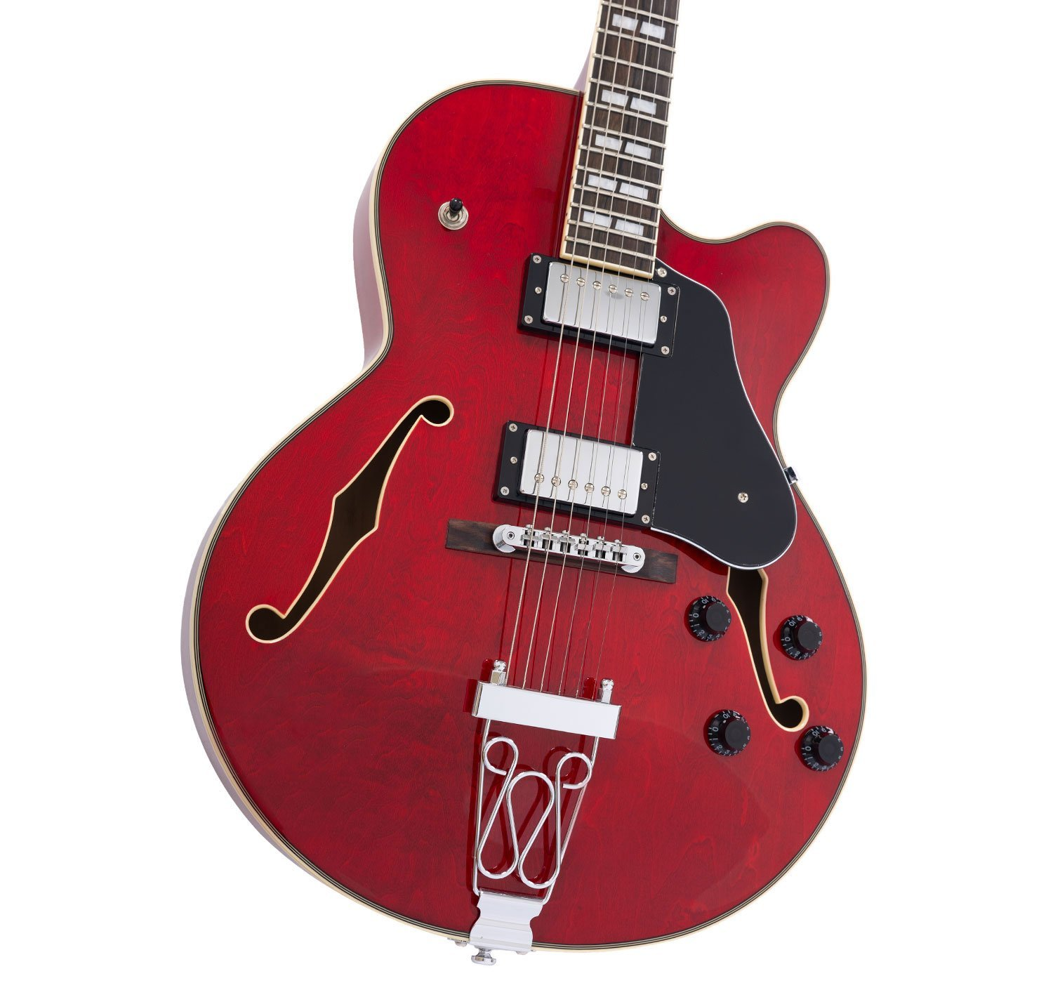 Kırmızı archtop gitar, F delikli, krom donanımlı ve siyah düğmeli.