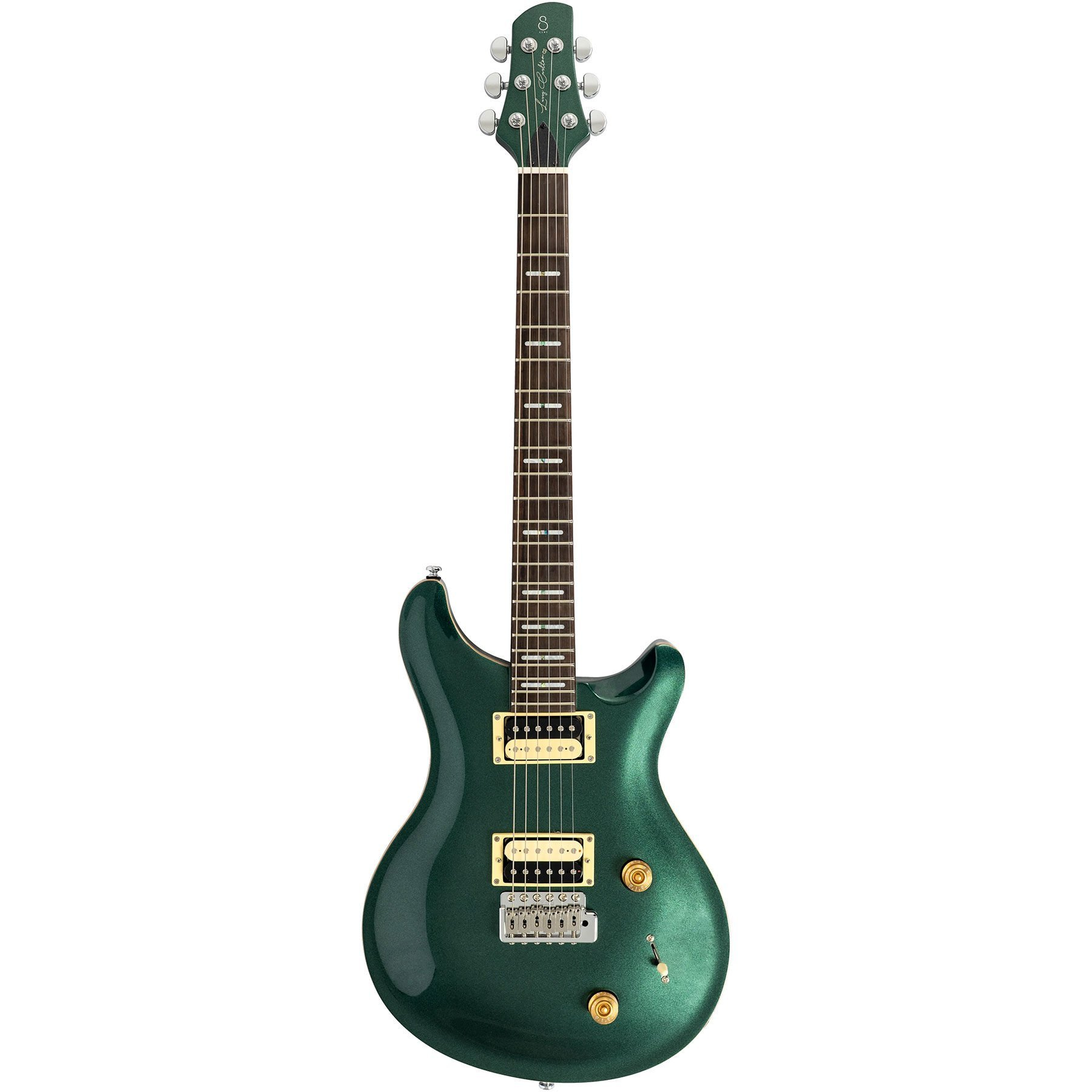 Parlak yeşil, altı telli, altın donanımlı elektro gitar.