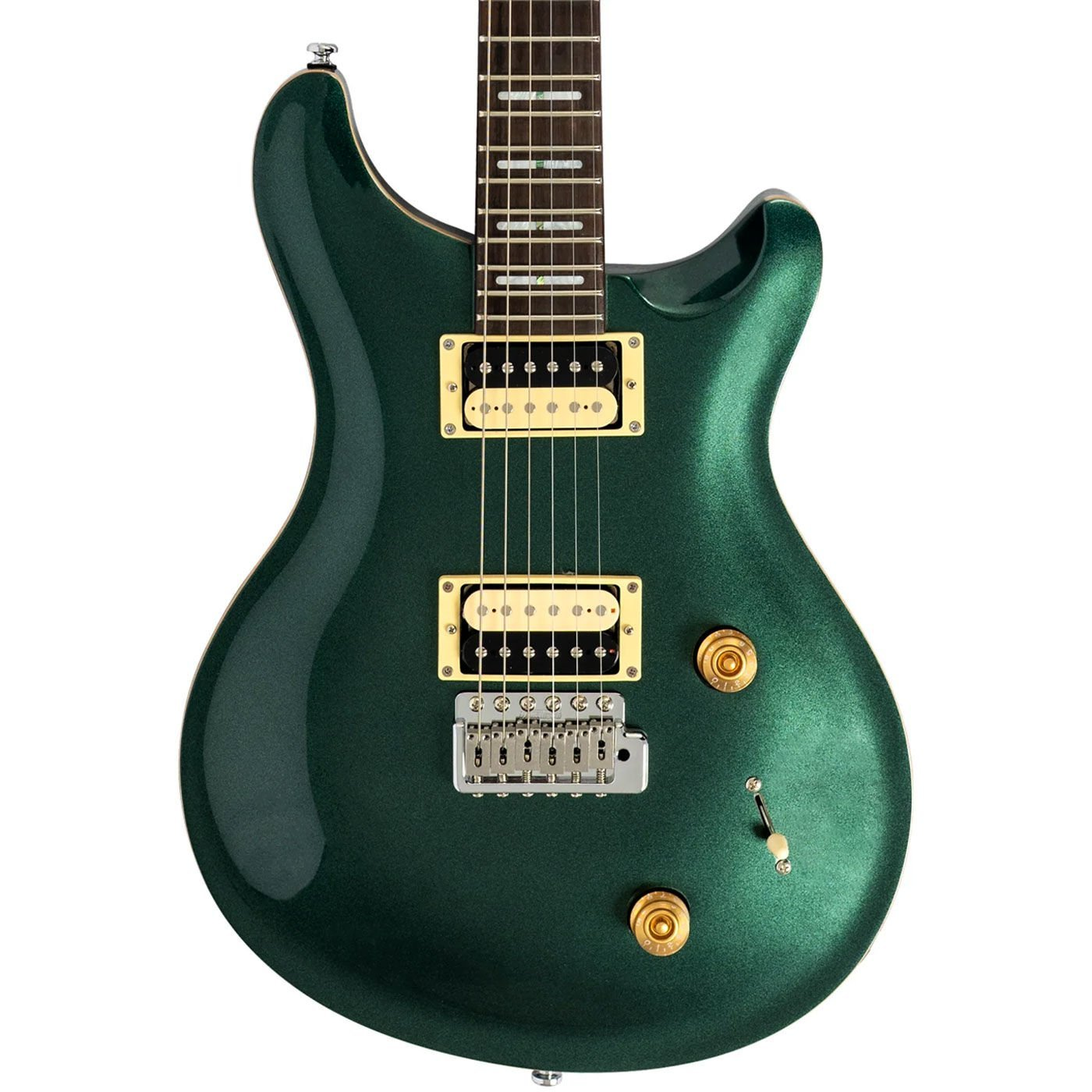 Gümüş köprülü ve altın manyetikli parlak koyu yeşil elektro gitar.