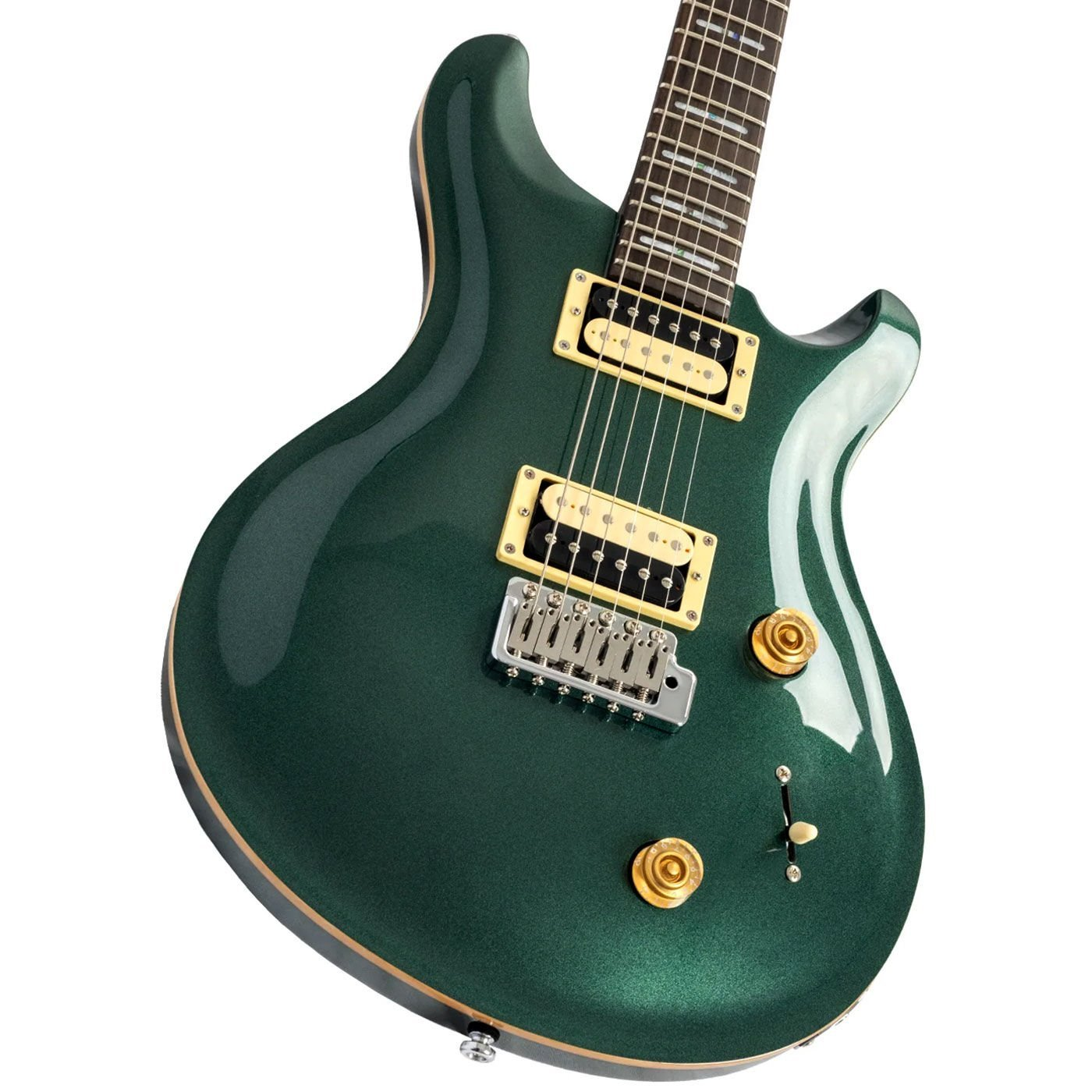 Gümüş köprülü ve altın düğmeli parlak yeşil elektro gitar.