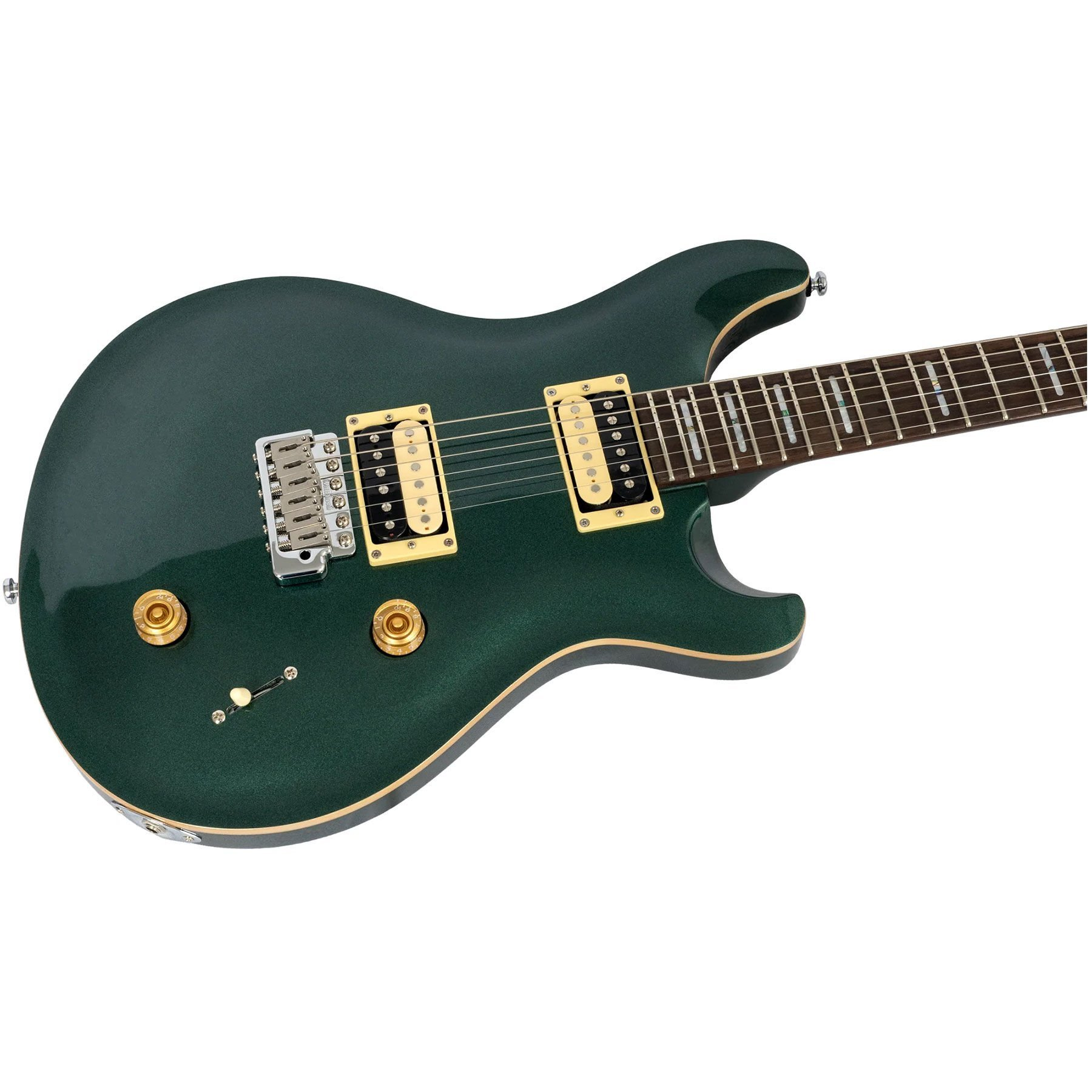 Gümüş köprülü, altın manyetikli koyu yeşil elektro gitar.