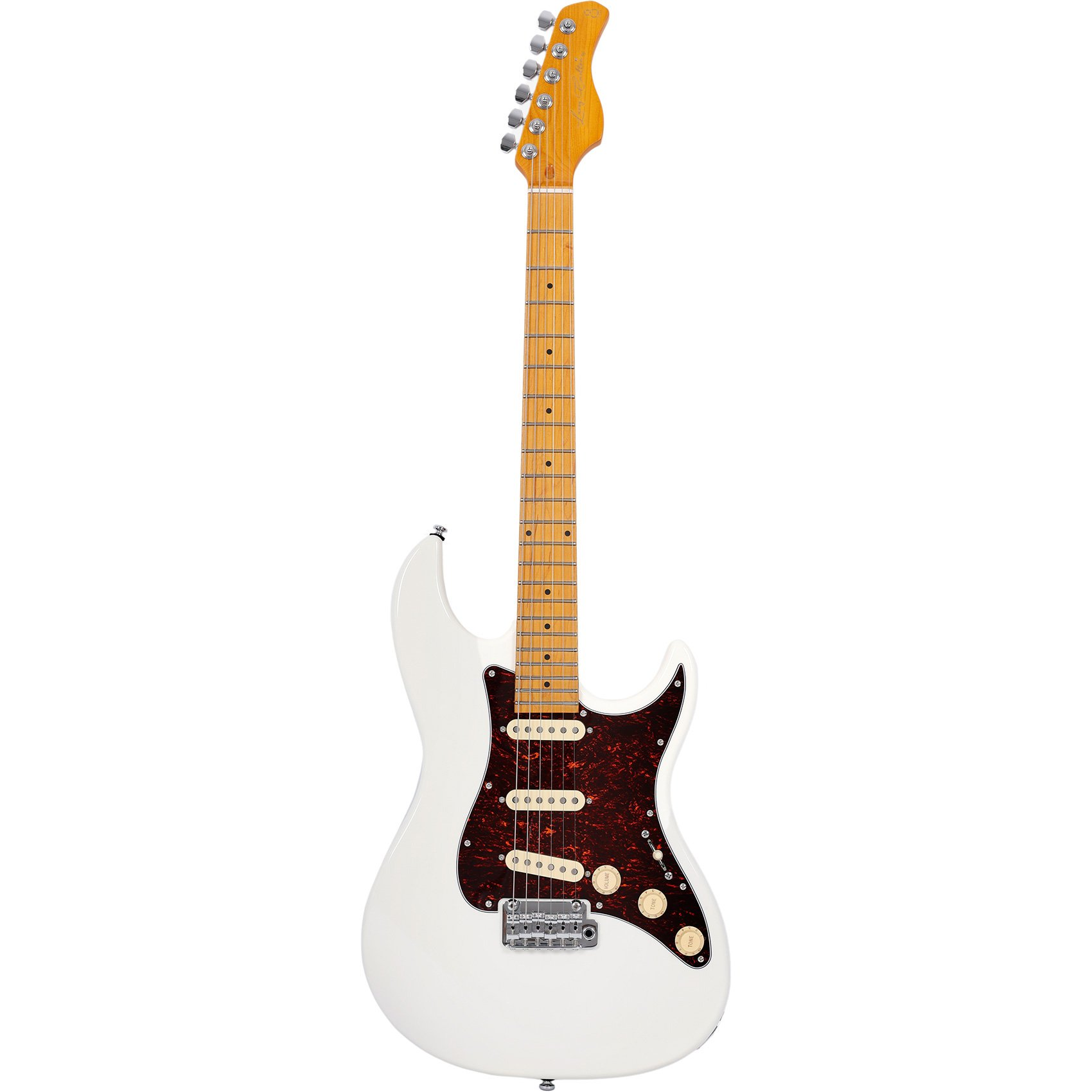 Kaplumbağa kabuğu pena ve akçaağaç sapa sahip beyaz elektro gitar.