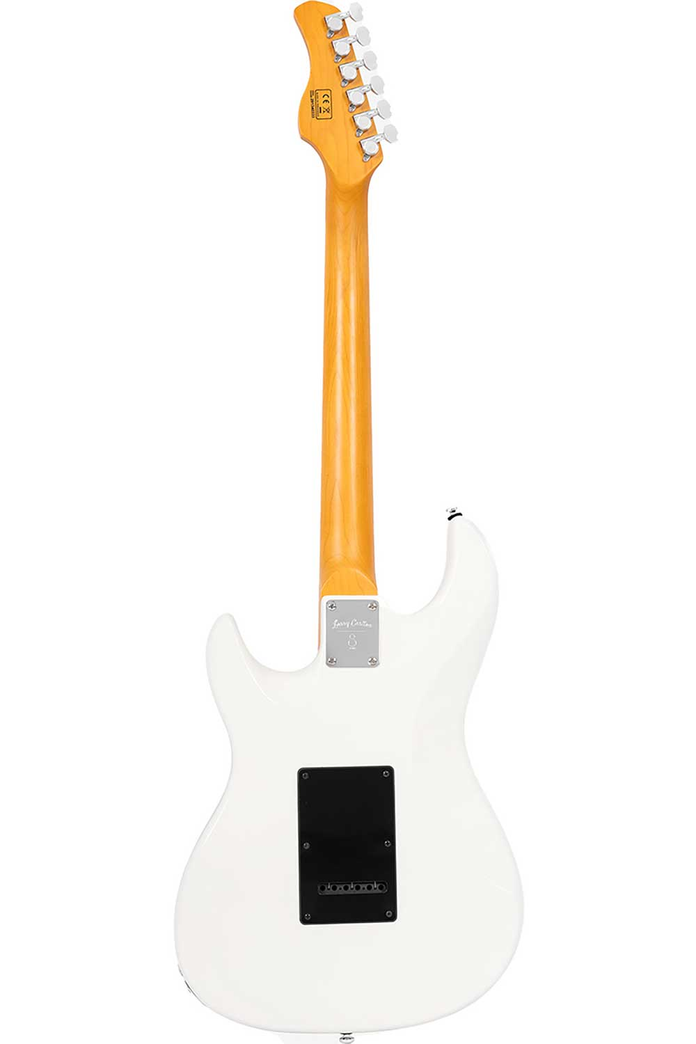 Arkadan beyaz elektro gitar, ahşap saplı ve gümüş burgulu.