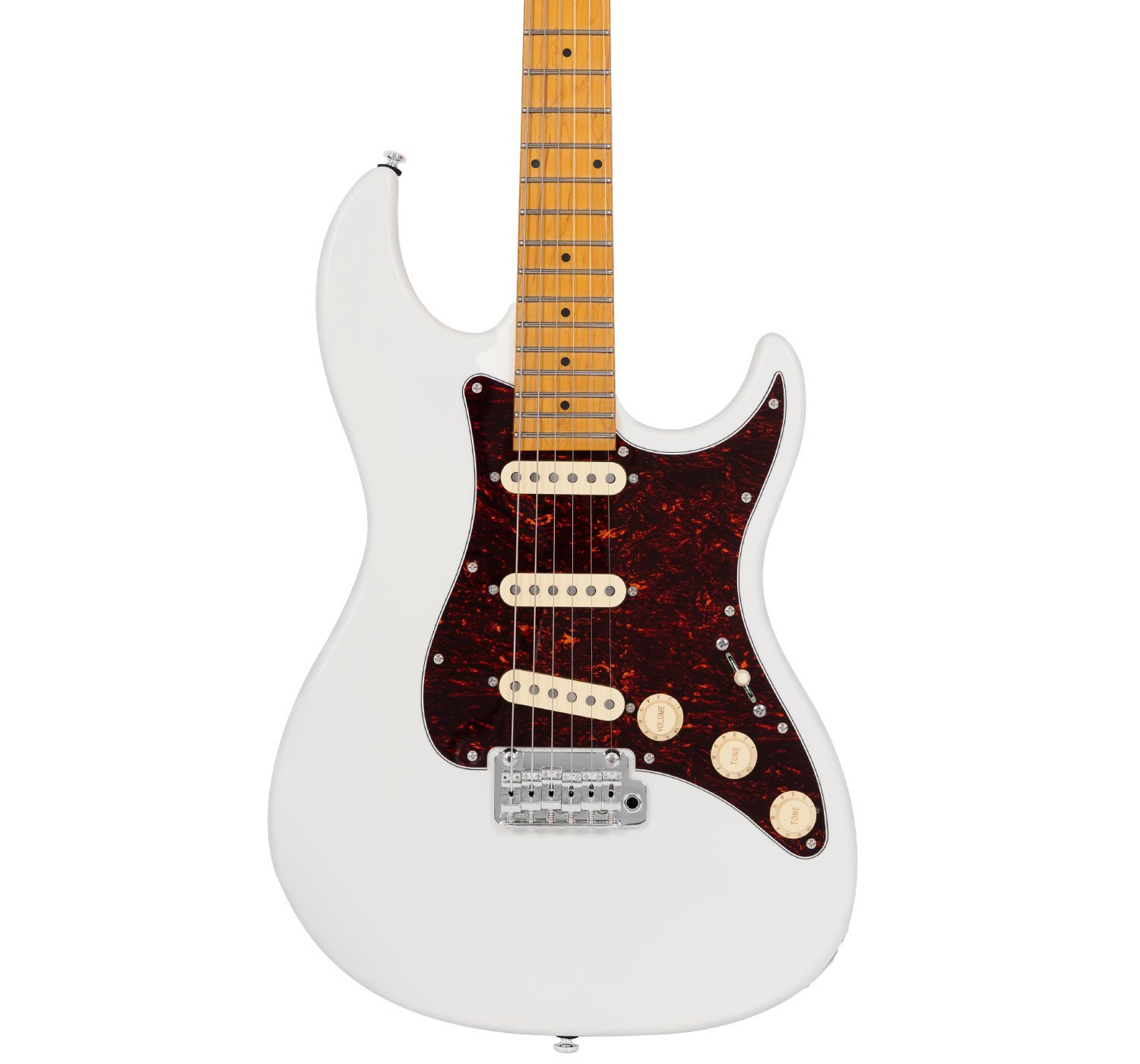 Kaplumbağa kabuğu pickguardlı ve akçaağaç saplı beyaz elektro gitar.