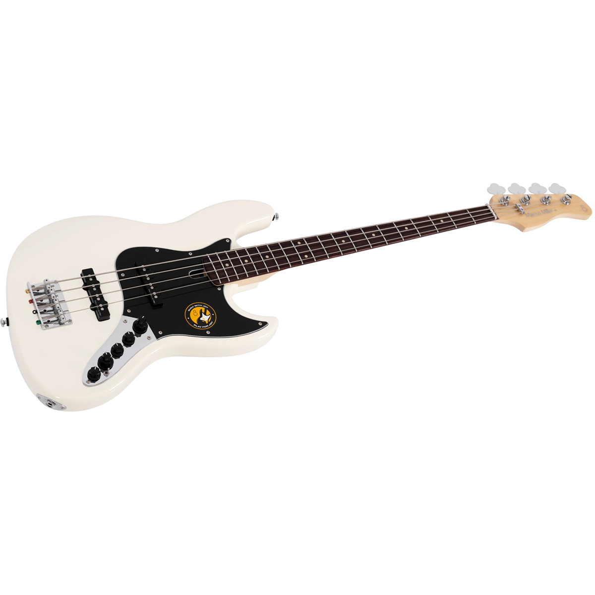 Siyah pena korumalı ve gümüş donanımlı beyaz bas gitar.