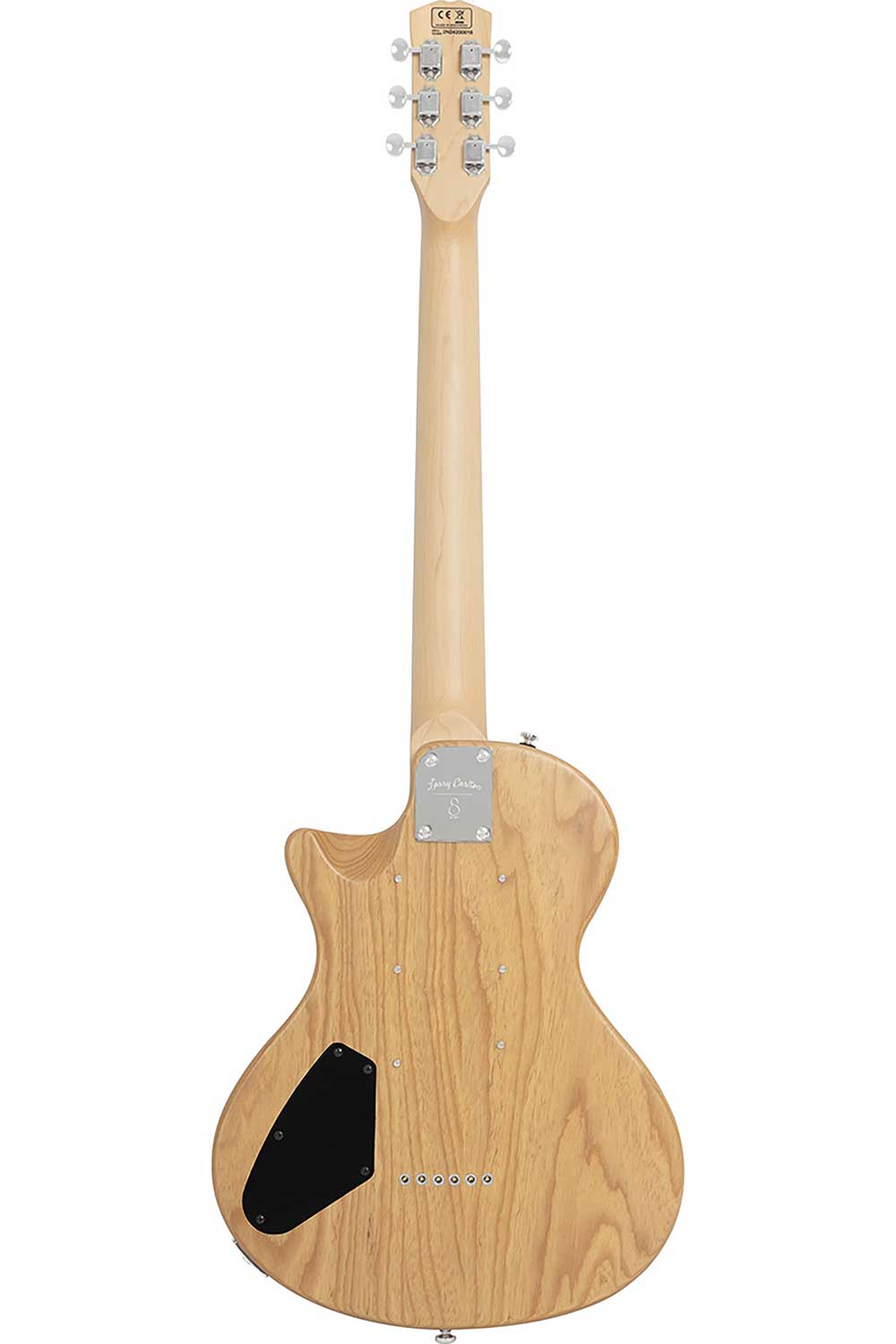 Açık renk ahşap elektro gitarın arkadan görünümü, siyah manyetikler ve gümüş burgular.