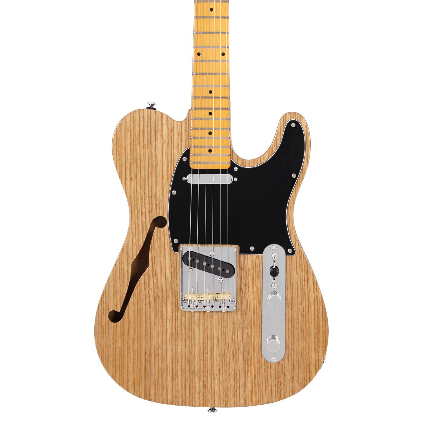 Açık renk ahşap, siyah pena koruması ve gümüş donanıma sahip yarı boş gövdeli elektro gitar.