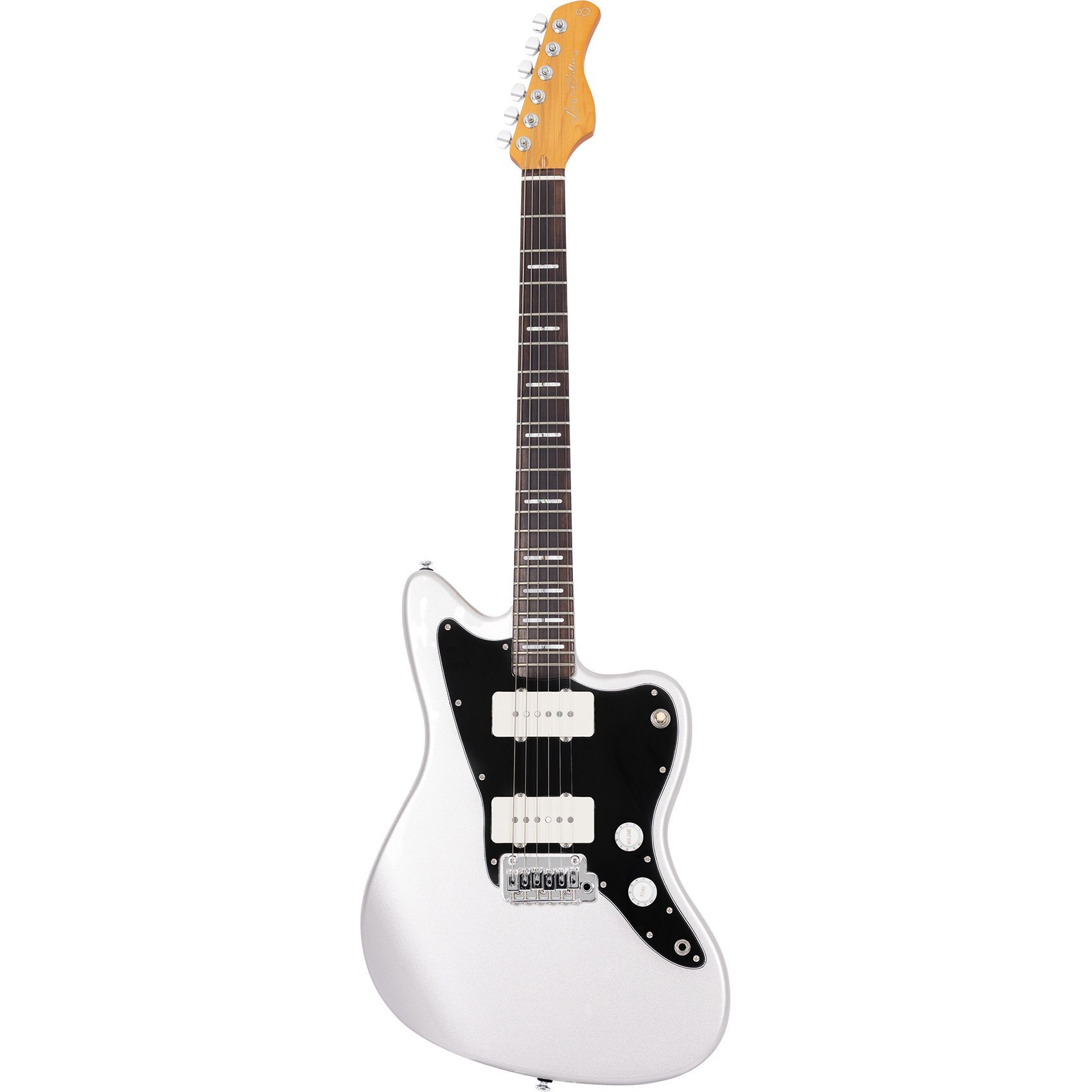 Gümüş rengi, siyah pena korumalı, iki manyetikli elektro gitar.