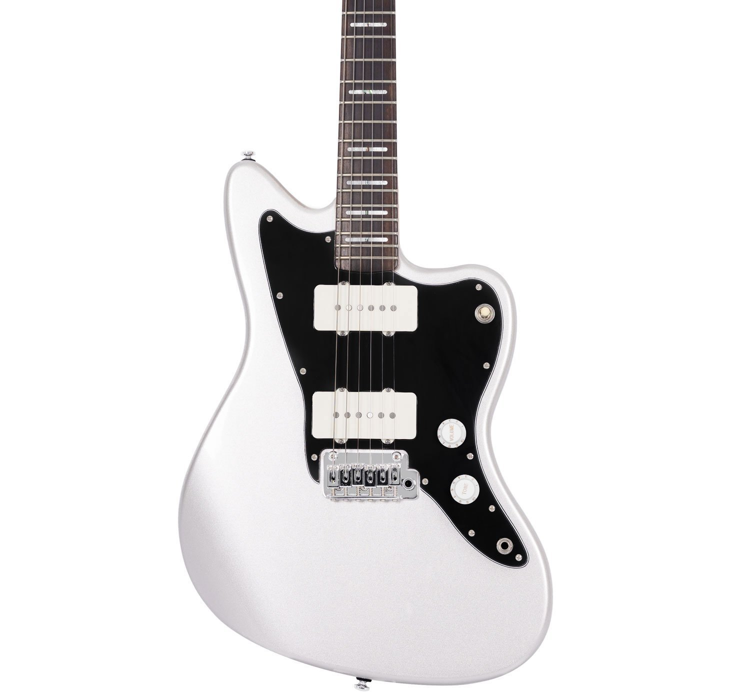 Siyah pena korumalı, beyaz manyetikli gümüş elektrik gitar.