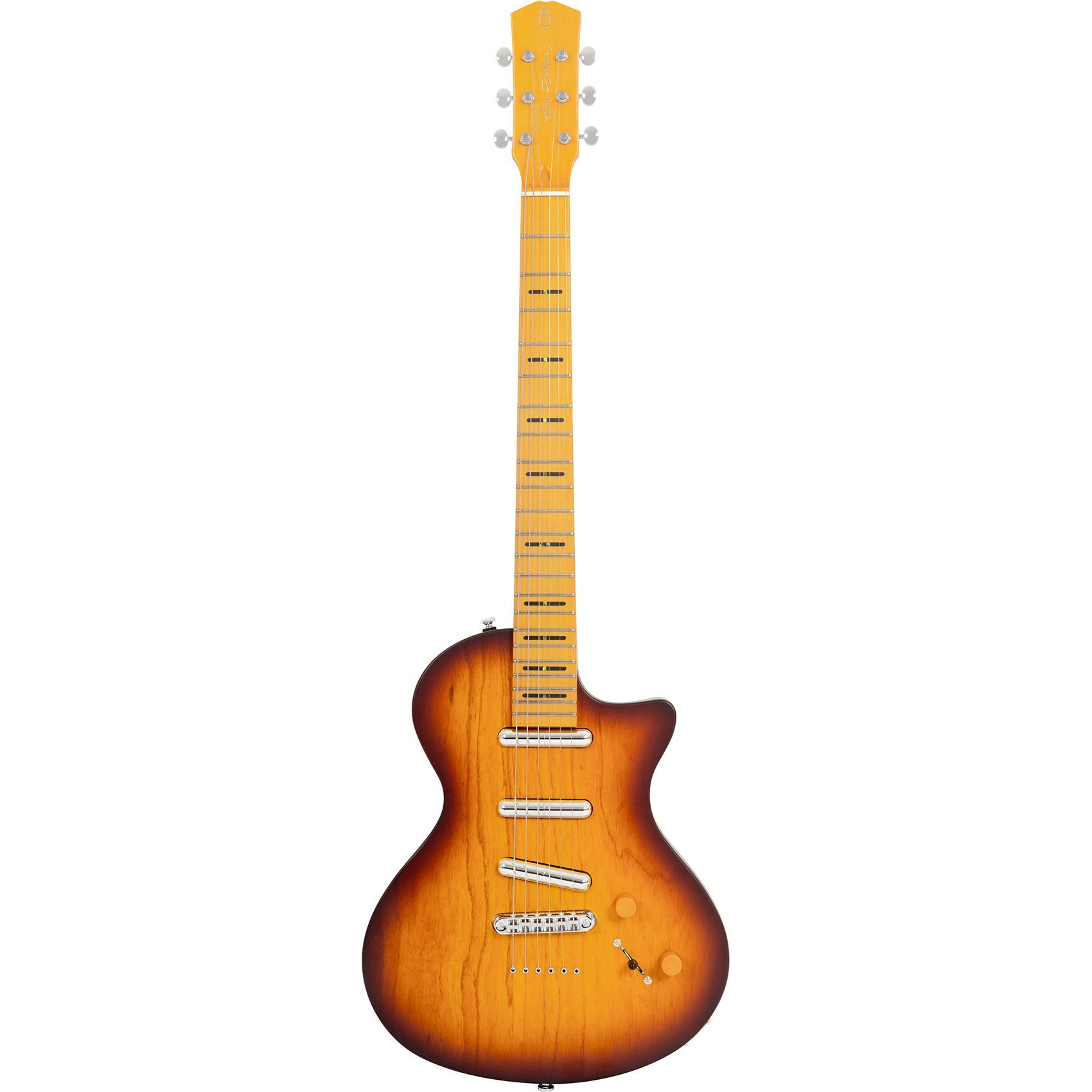 Sunburst kaplamalı, krom donanımlı ve humbucker manyetikli elektro gitar.