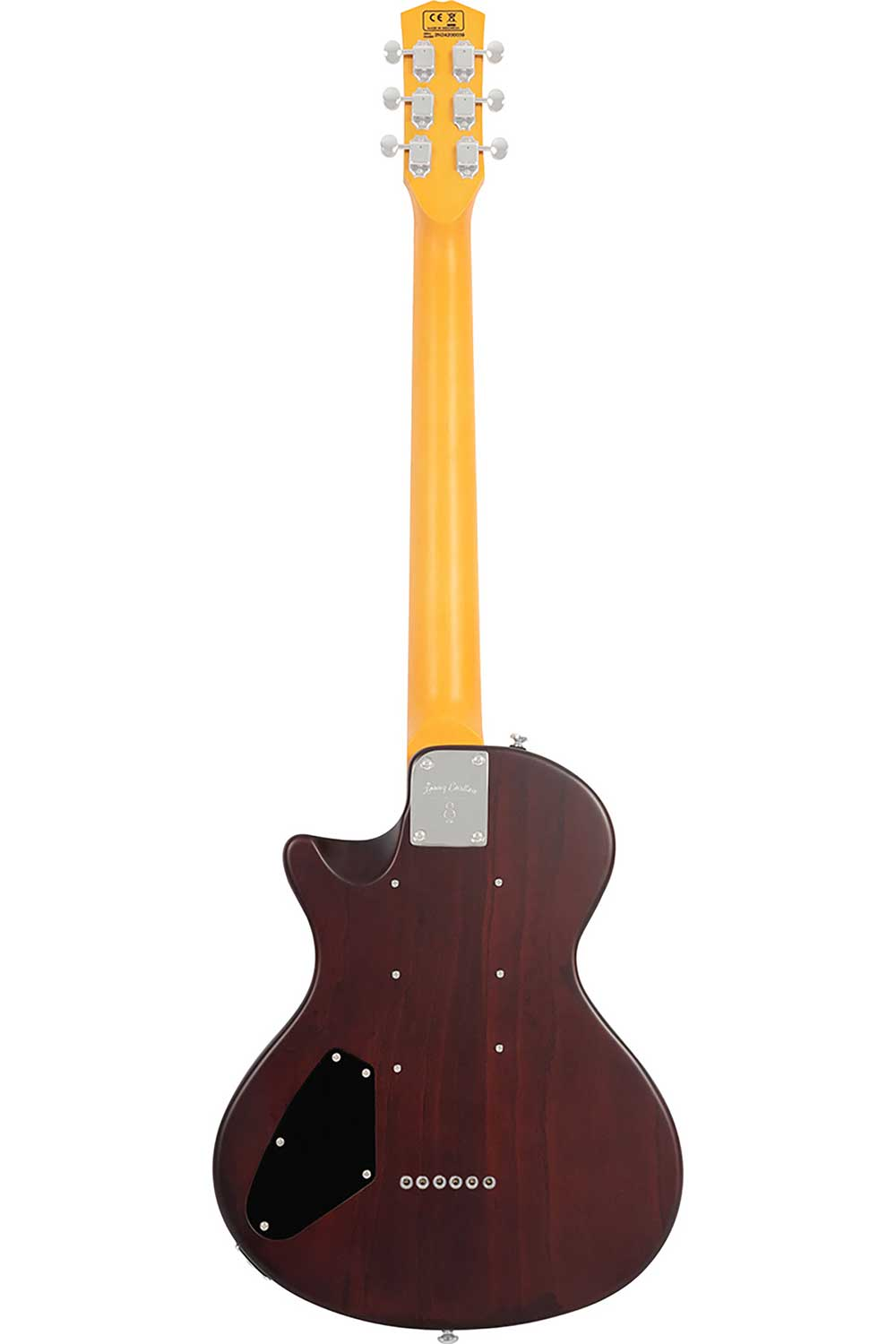 Sarı saplı ve gümüş donanımlı koyu kırmızı elektro gitarın arka görünümü.