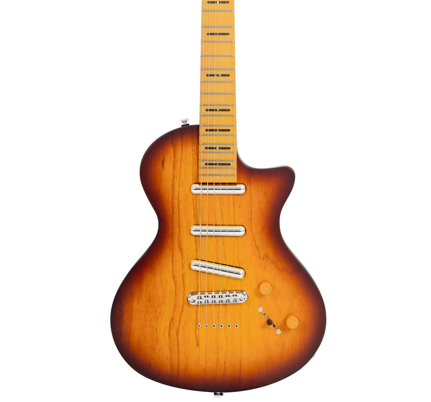 Sunburst bitişli, akçaağaç klavyeli elektro gitar.