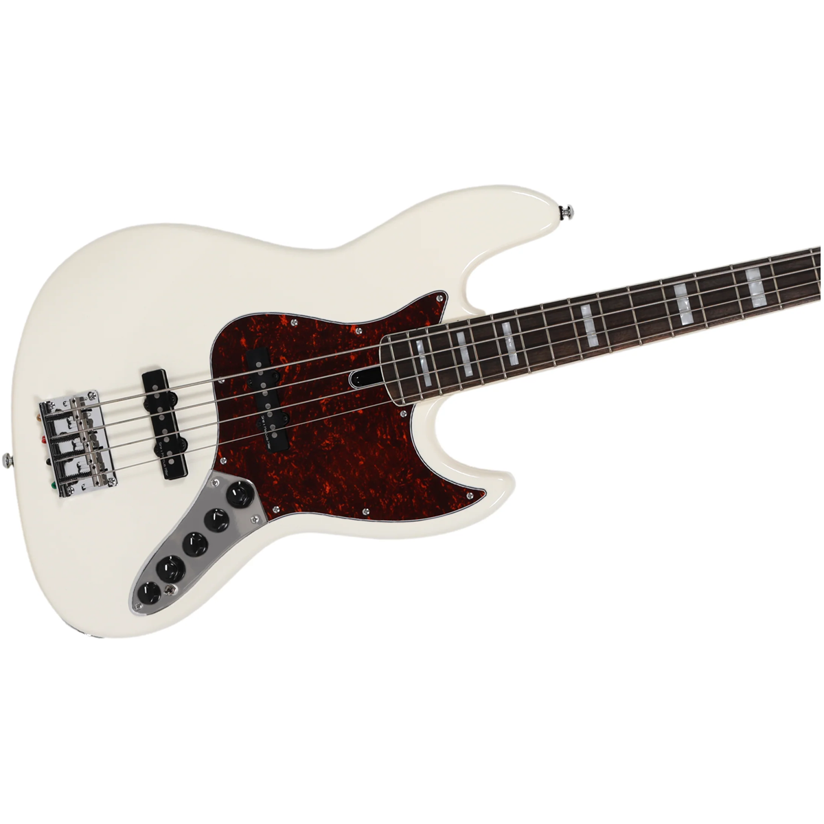 Kaplumbağa kabuğu pena ve gümüş donanımlı beyaz elektro bas gitar.