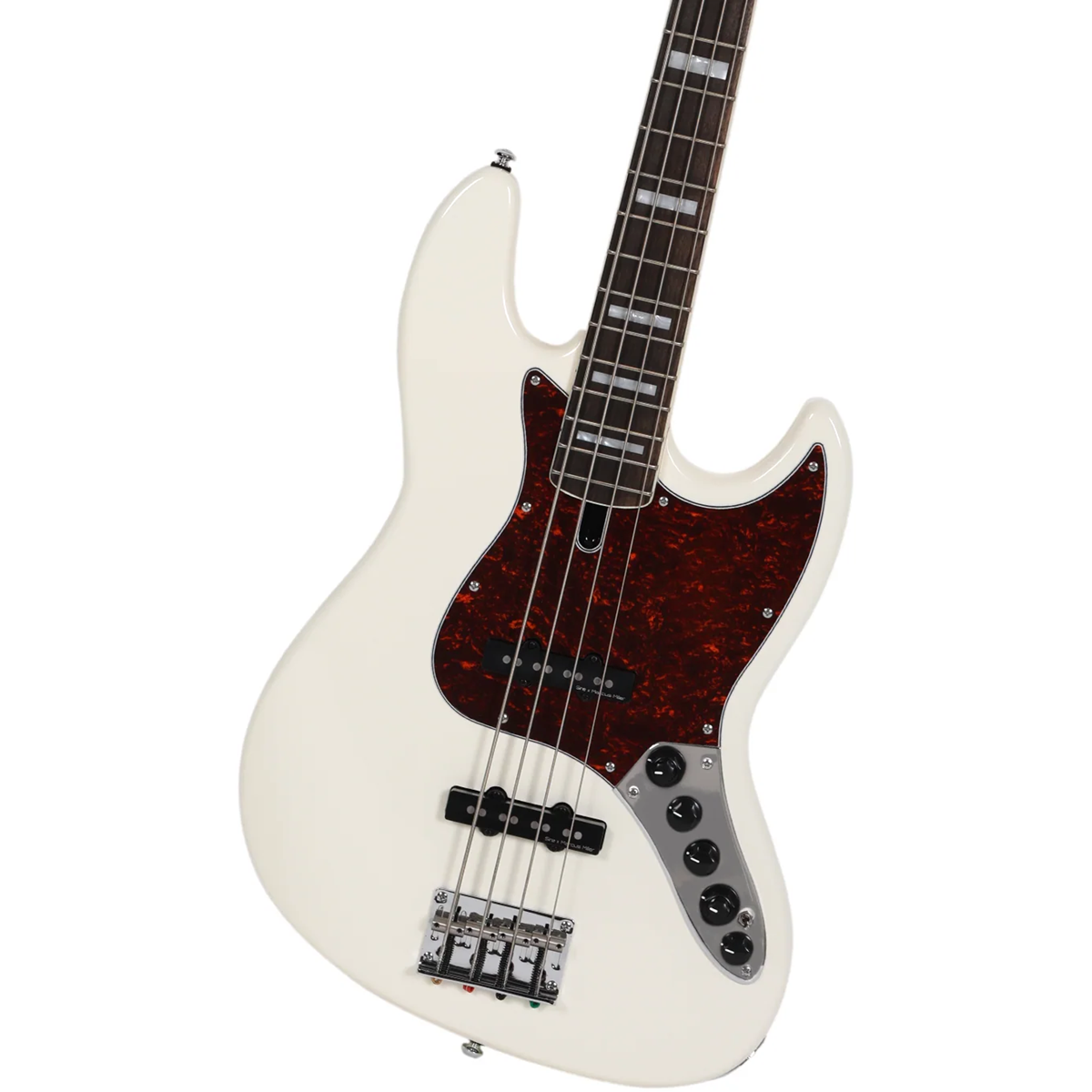Kaplumbağa kabuğu pena ve gümüş kontrol düğmeli beyaz bas gitar.
