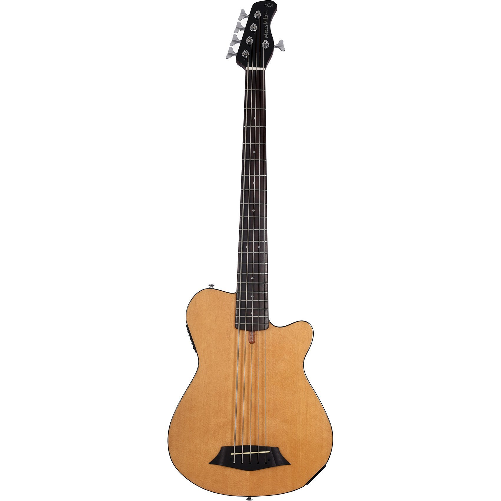 Koyu klavyeli ve gümüş burgulu açık renkli akustik bas gitar.
