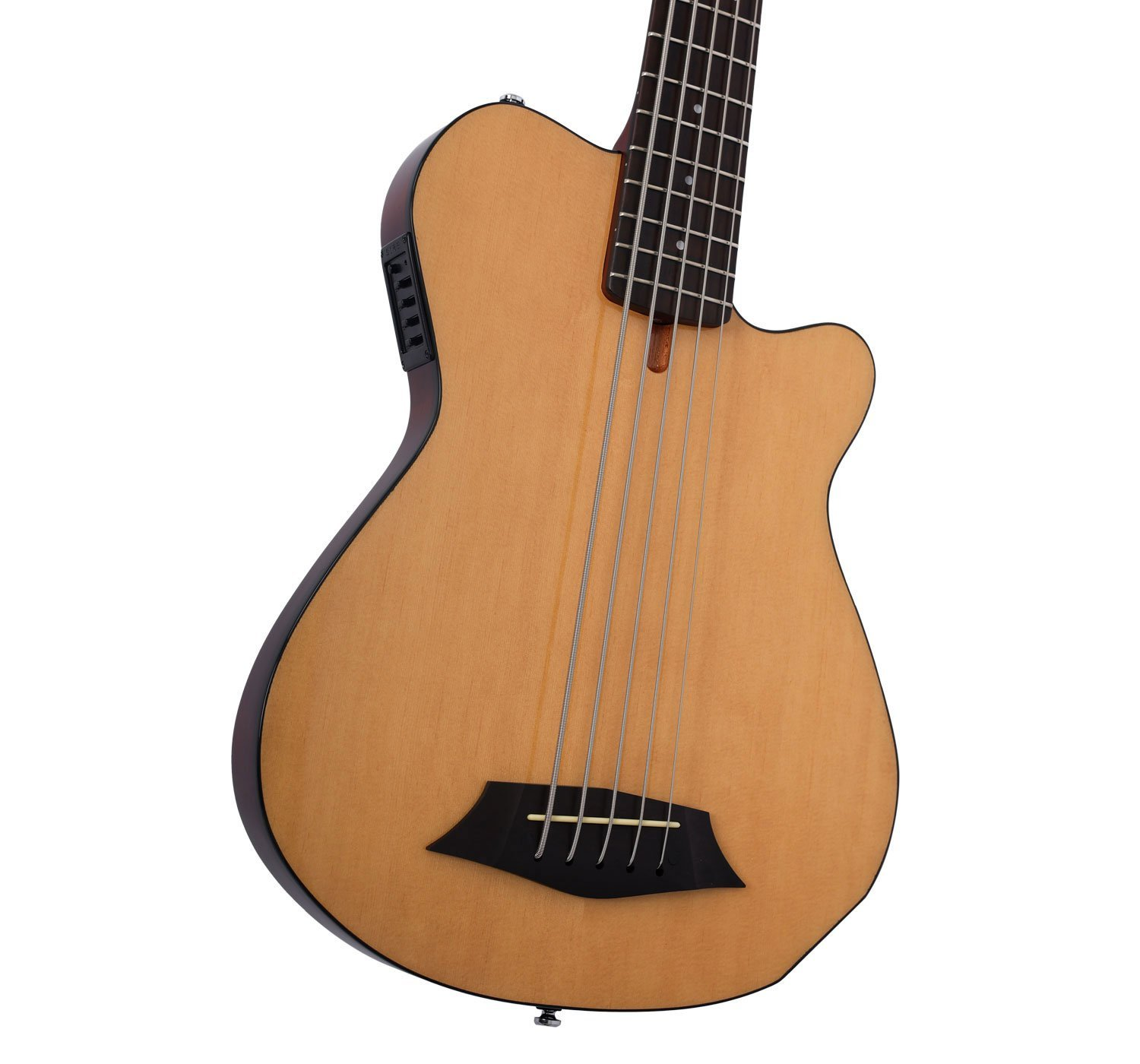 Koyu kenarlı, altı telli açık kahverengi bas gitar.