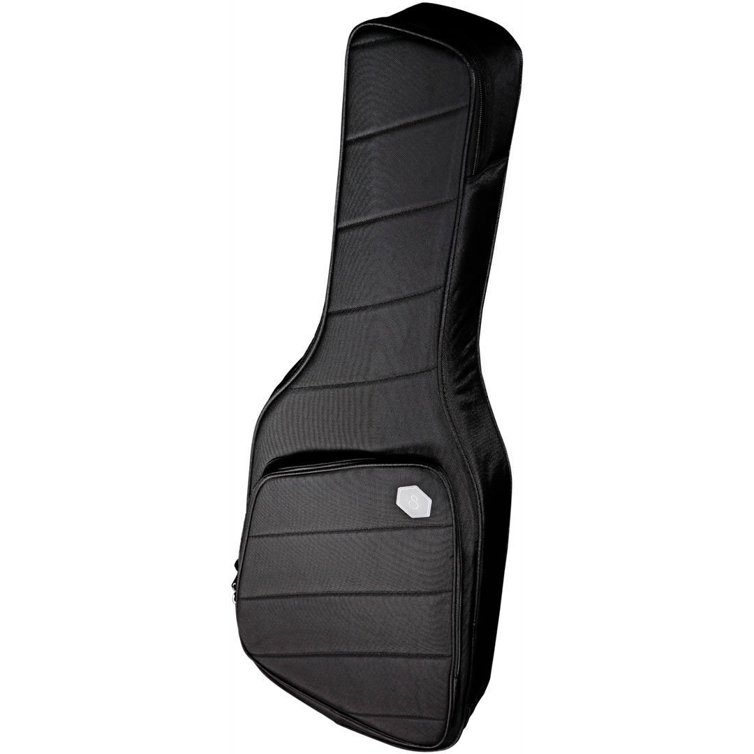 Gümüş amblemli, dış cepli, siyah dolgulu gitar kılıfı.