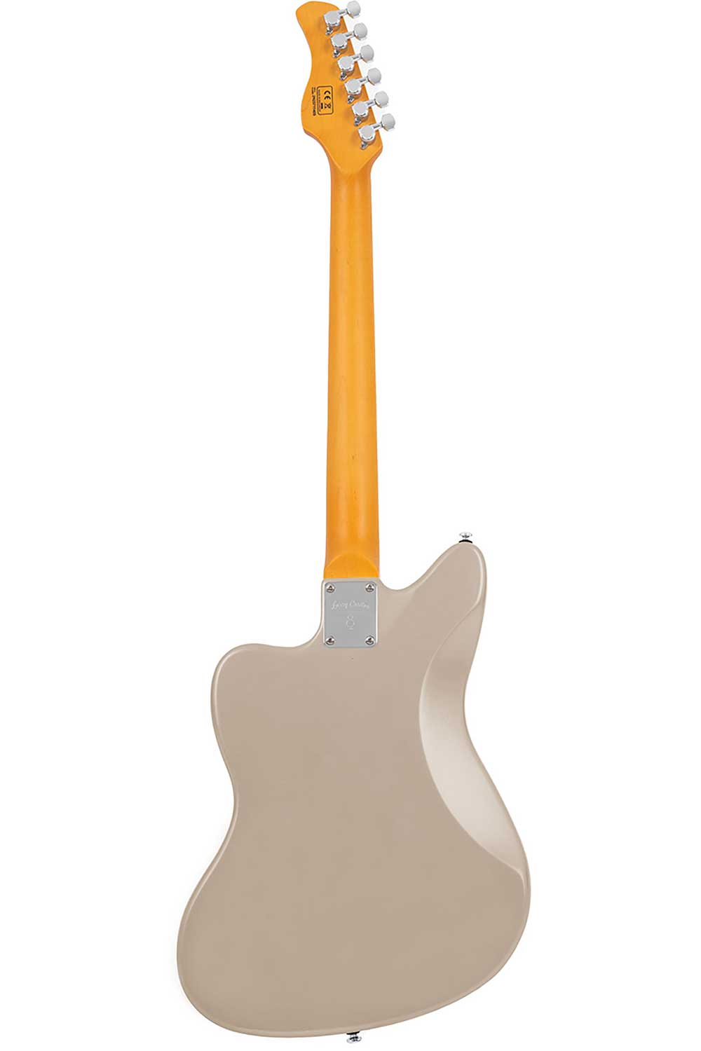 Gümüş burgulu, ahşap saplı, deve tüyü rengi elektrik gitarın arka görünümü.