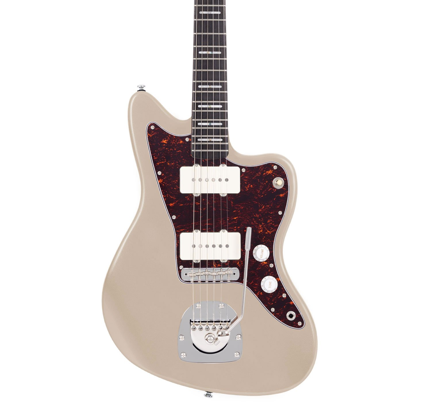 Kaplumbağa desenli pena koruyuculu ve krom donanımlı bej elektro gitar.