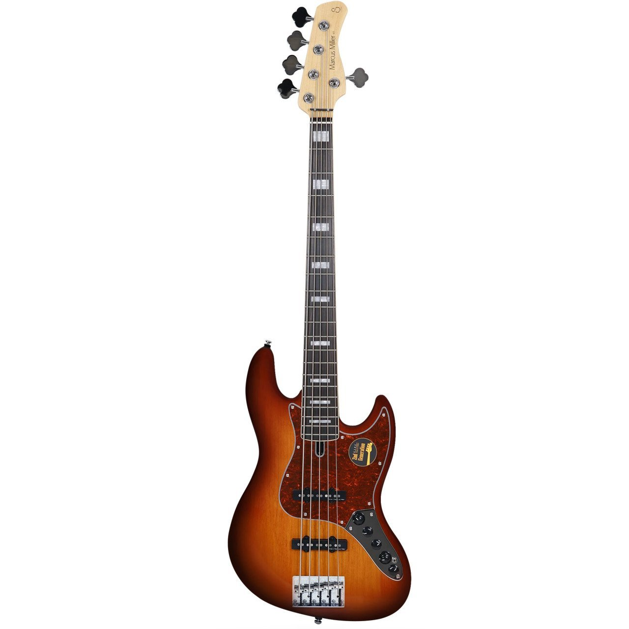 Kaplumbağa kabuğu görünümlü pickguardlı, 5 telli, sunburst renk bas gitar.
