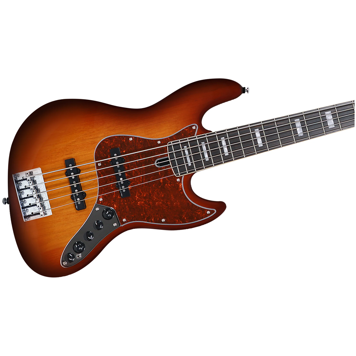 Kaplumbağa desenli pena ile kahverengi, dört telli elektro bas gitar.
