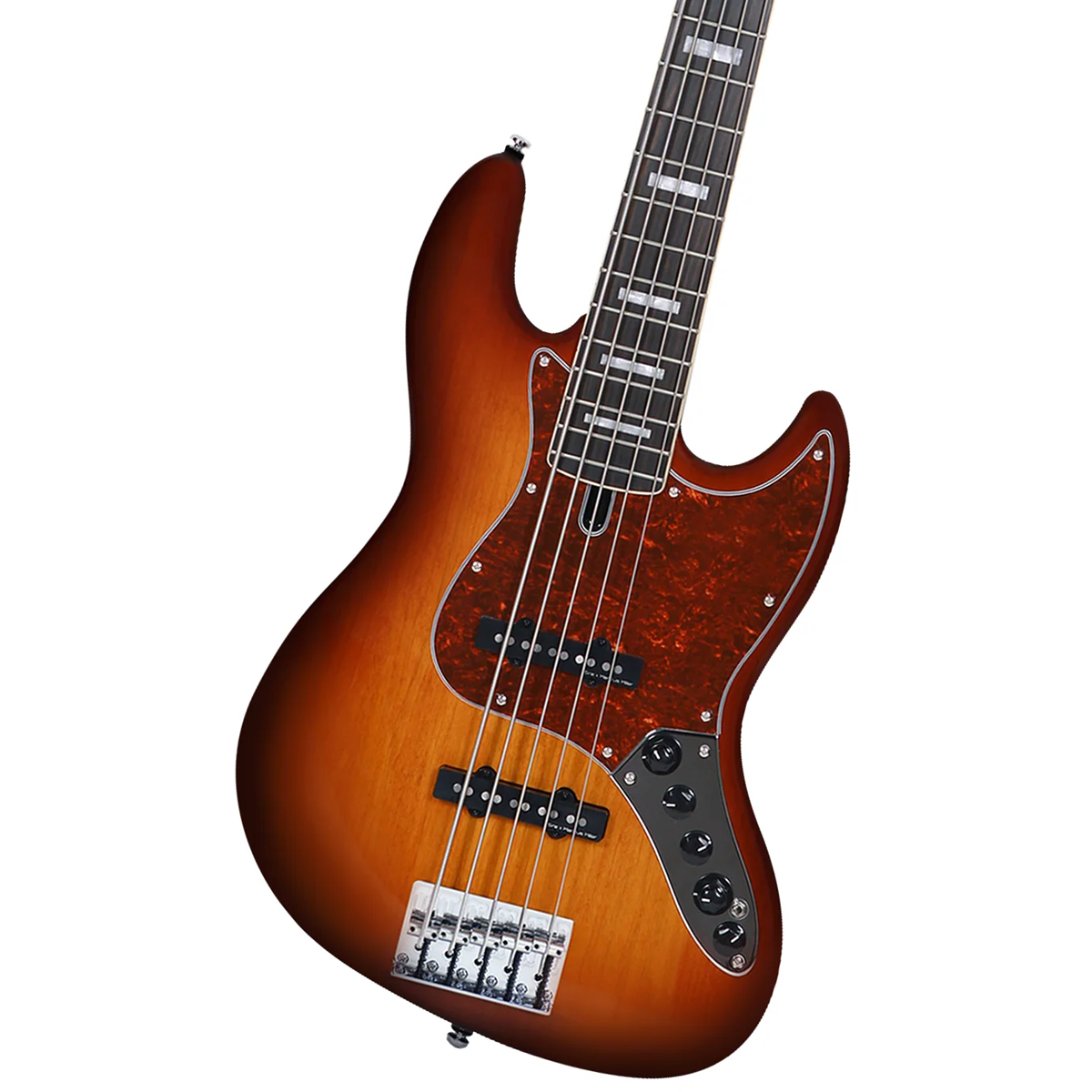 Kaplumbağa kabuğu pena ve beş telli kahverengi elektro bas gitar.