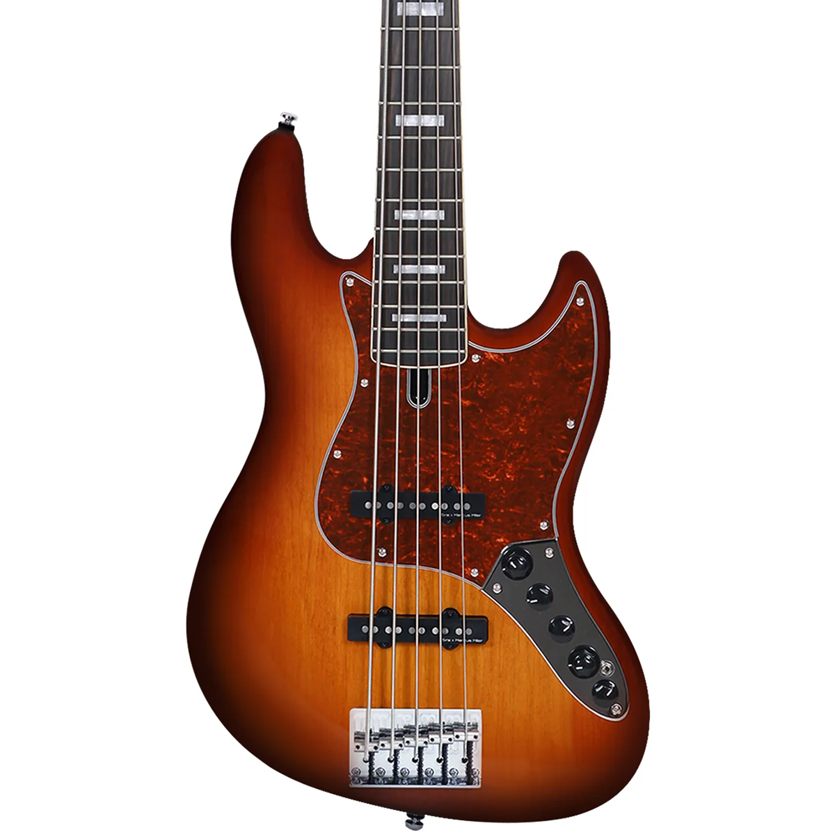 Humbucker manyetikli ve kaplumbağa kabuk desenli pickguard'lı, dört telli sunburst bas gitar.