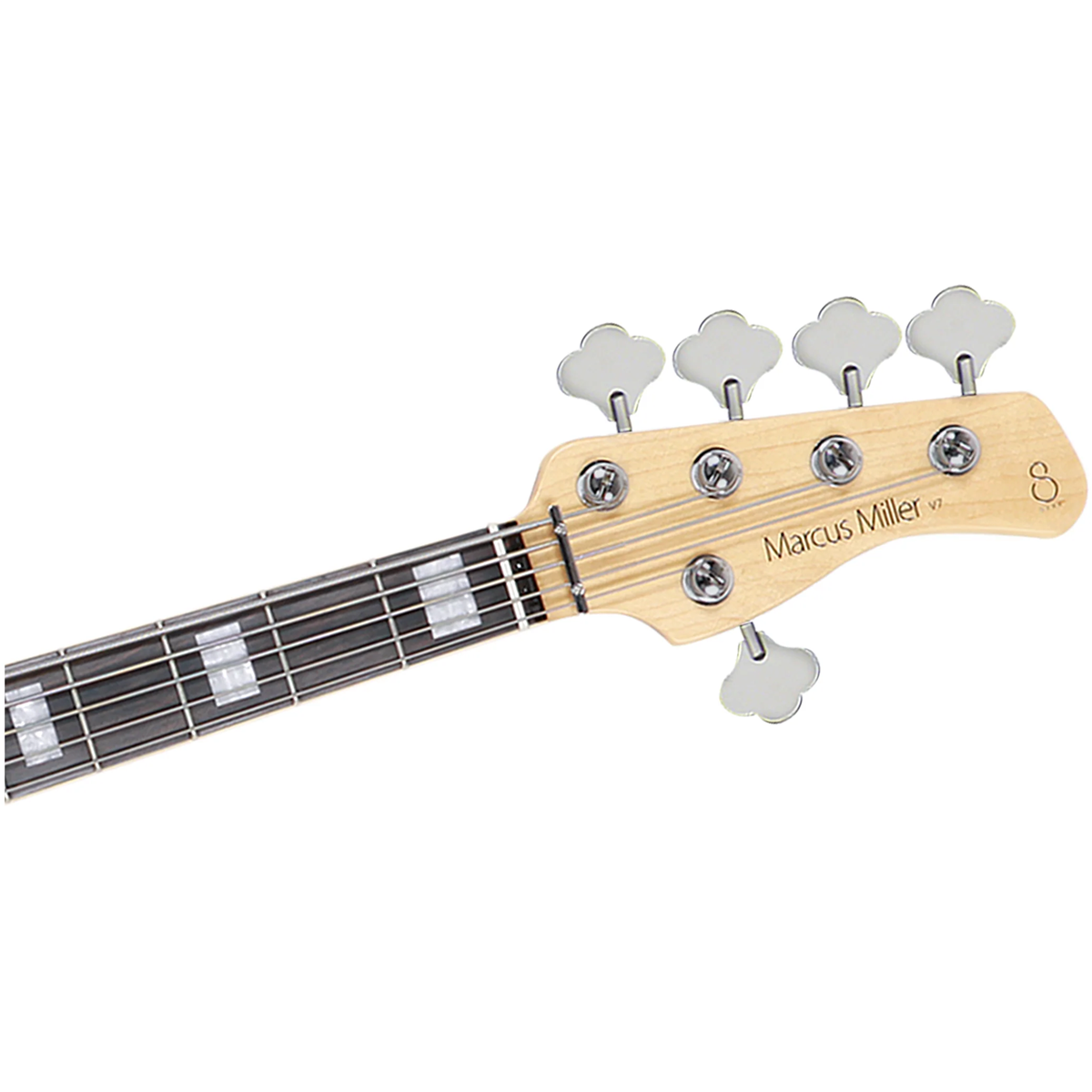 Bas gitarası sapı başlığının yakın çekimi, 
