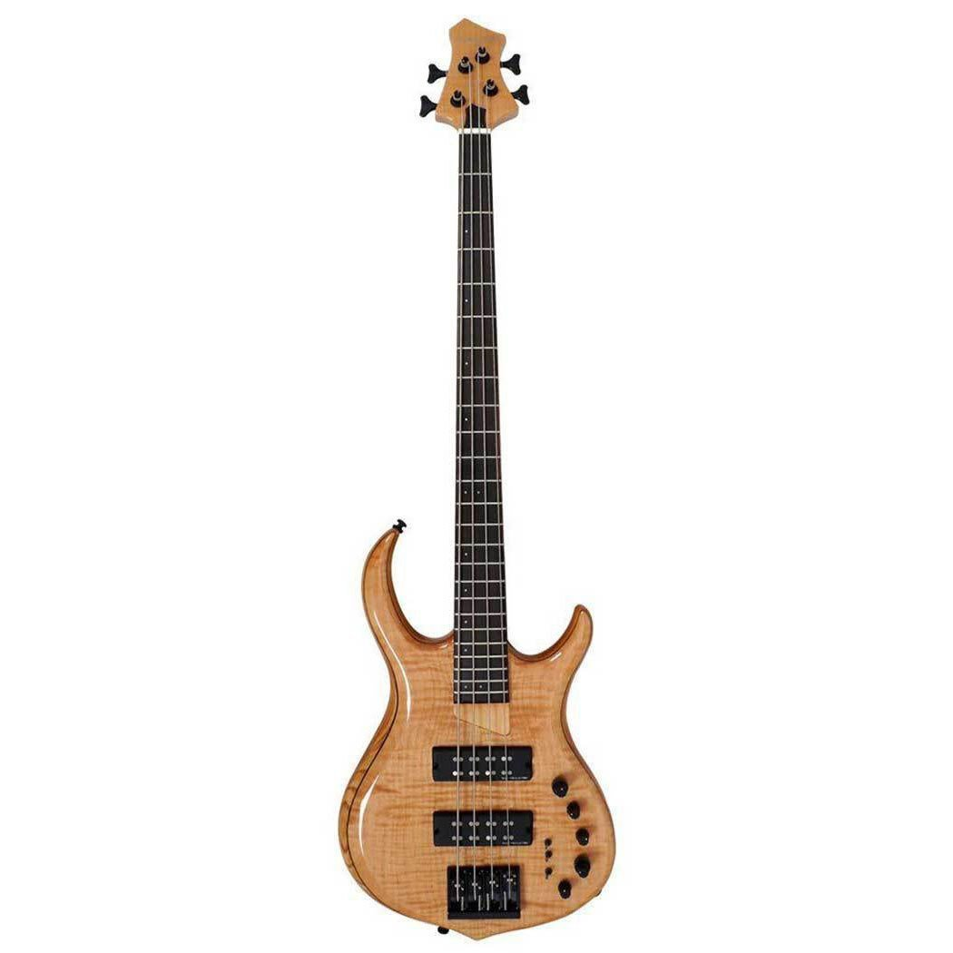 Dört telli kahverengi bas gitarası sapı ve açık kahverengi gövdesi.
