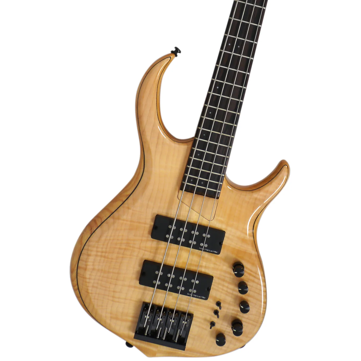 Siyah manyetiklere ve akort burgularına sahip açık kahverengi elektro bas gitar.