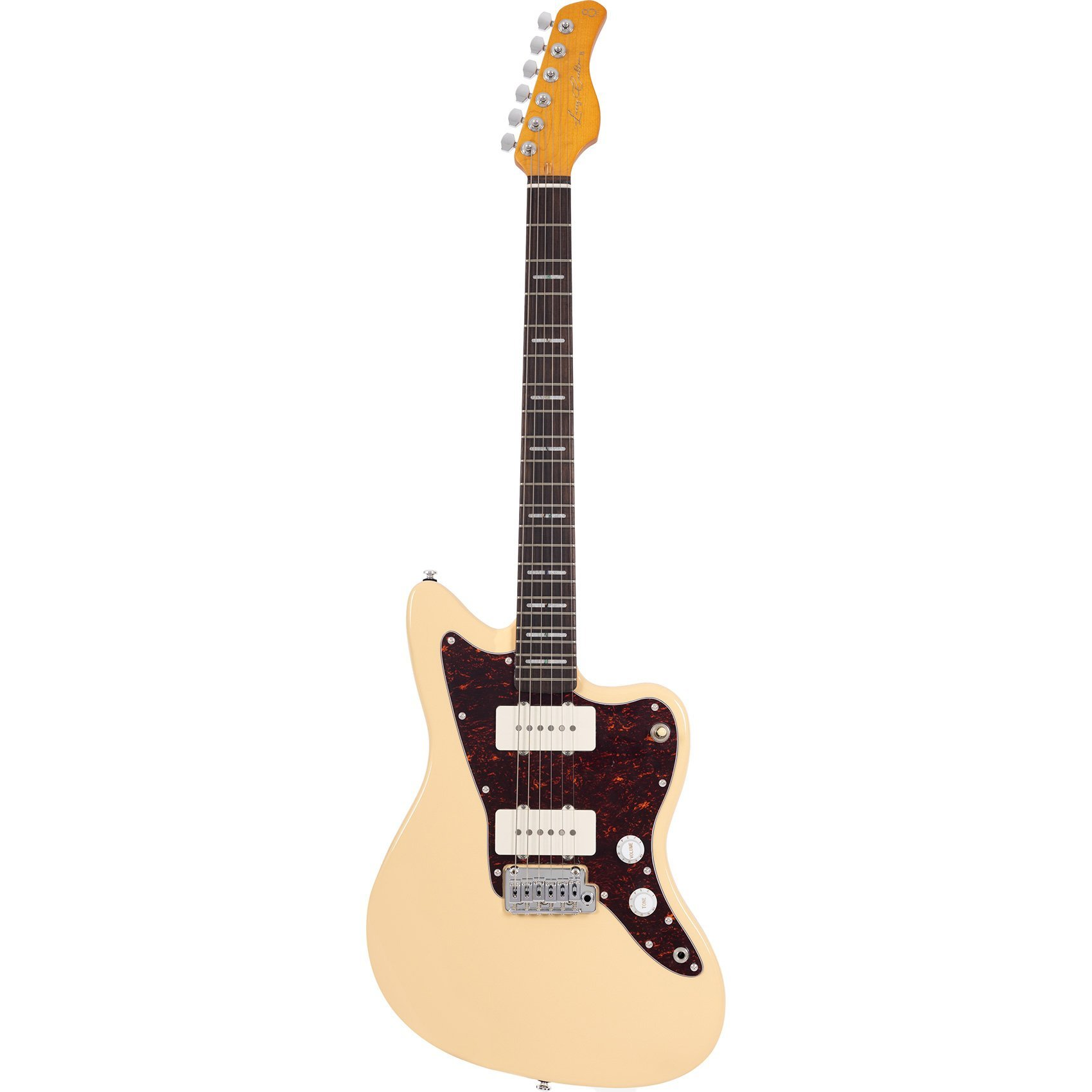 Kaplumbağa kabuğu pena korumalı, krem rengi elektro gitar ve gümüş donanım.
