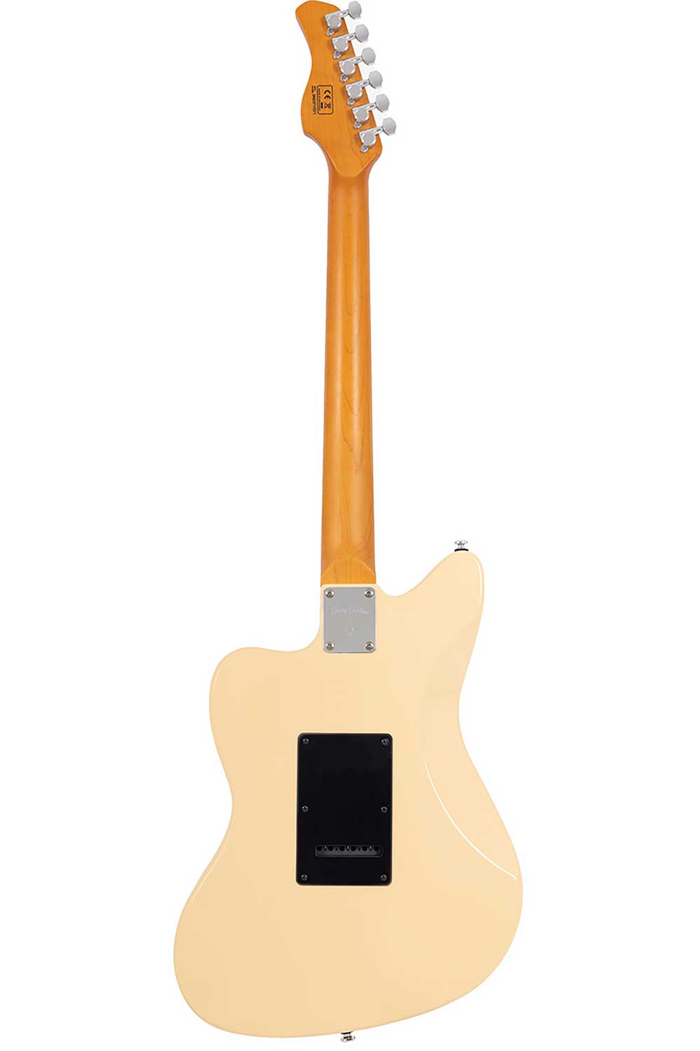 Krem rengi elektro gitarın arkası, ahşap saplı ve gümüş burgulu.