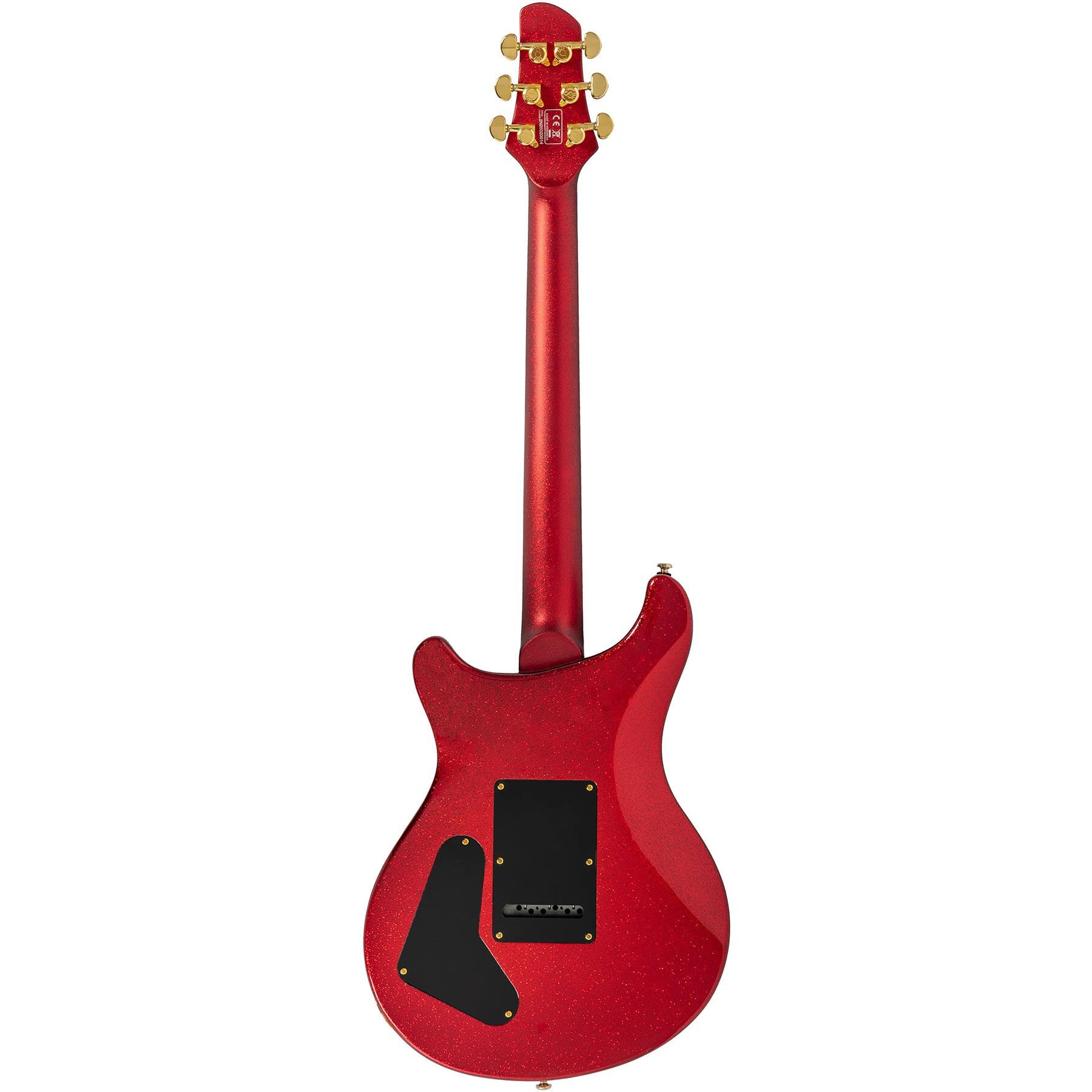 Altın burgulu, siyah kapaklı kırmızı elektro gitarın arkası.