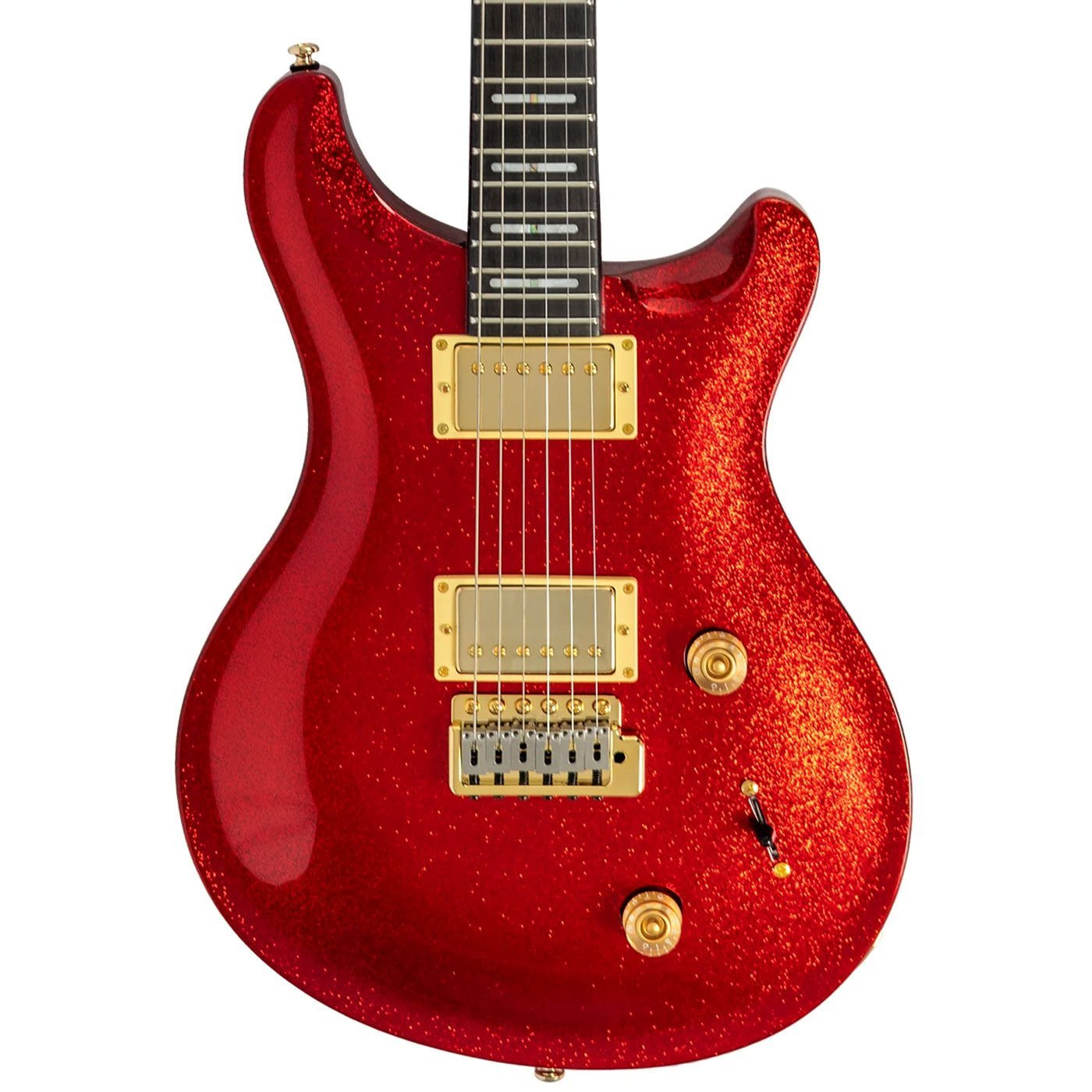Simli kaplamalı ve altın donanımlı kırmızı elektro gitar.