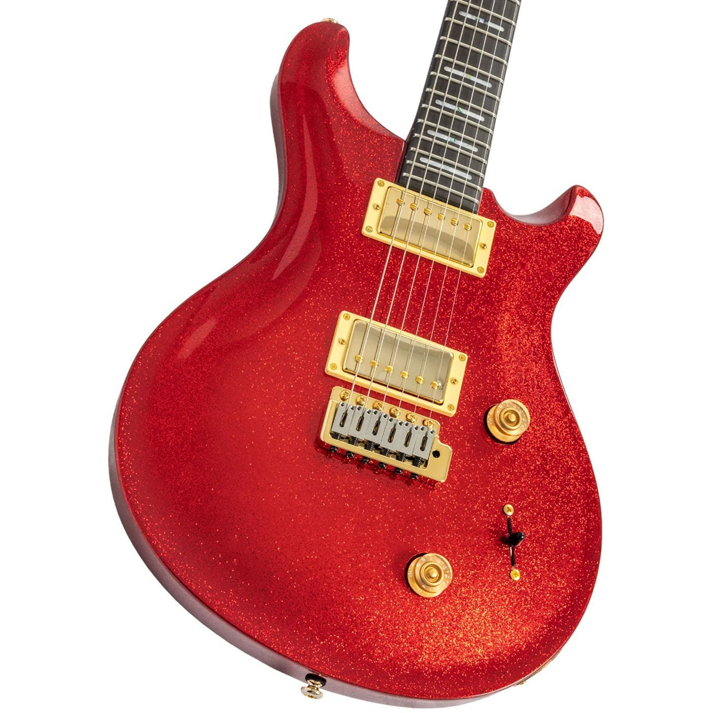 Altın donanımlı parlak kırmızı elektro gitar, önden görünümü.