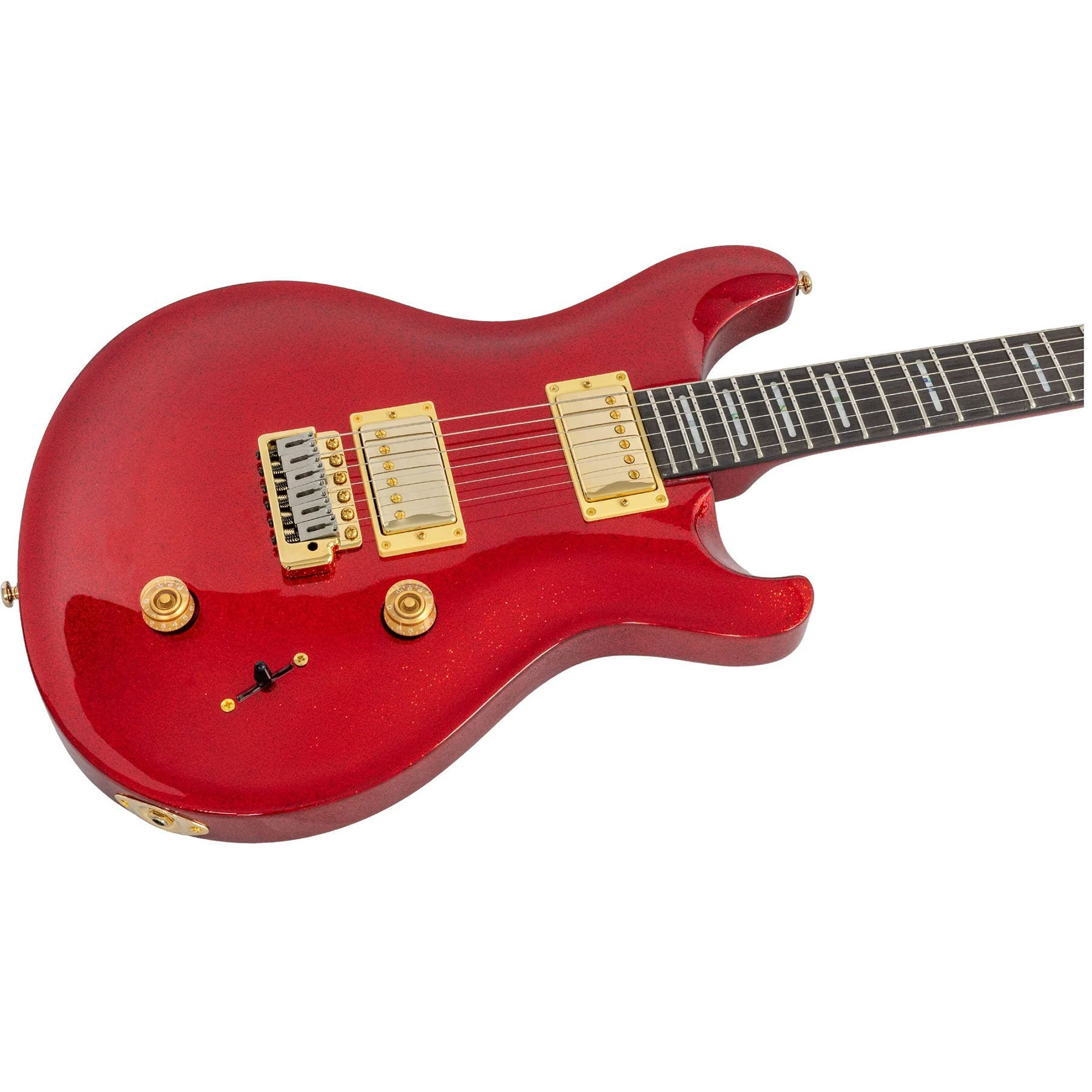 Altın donanım ve tellerle parlak kırmızı elektro gitar.
