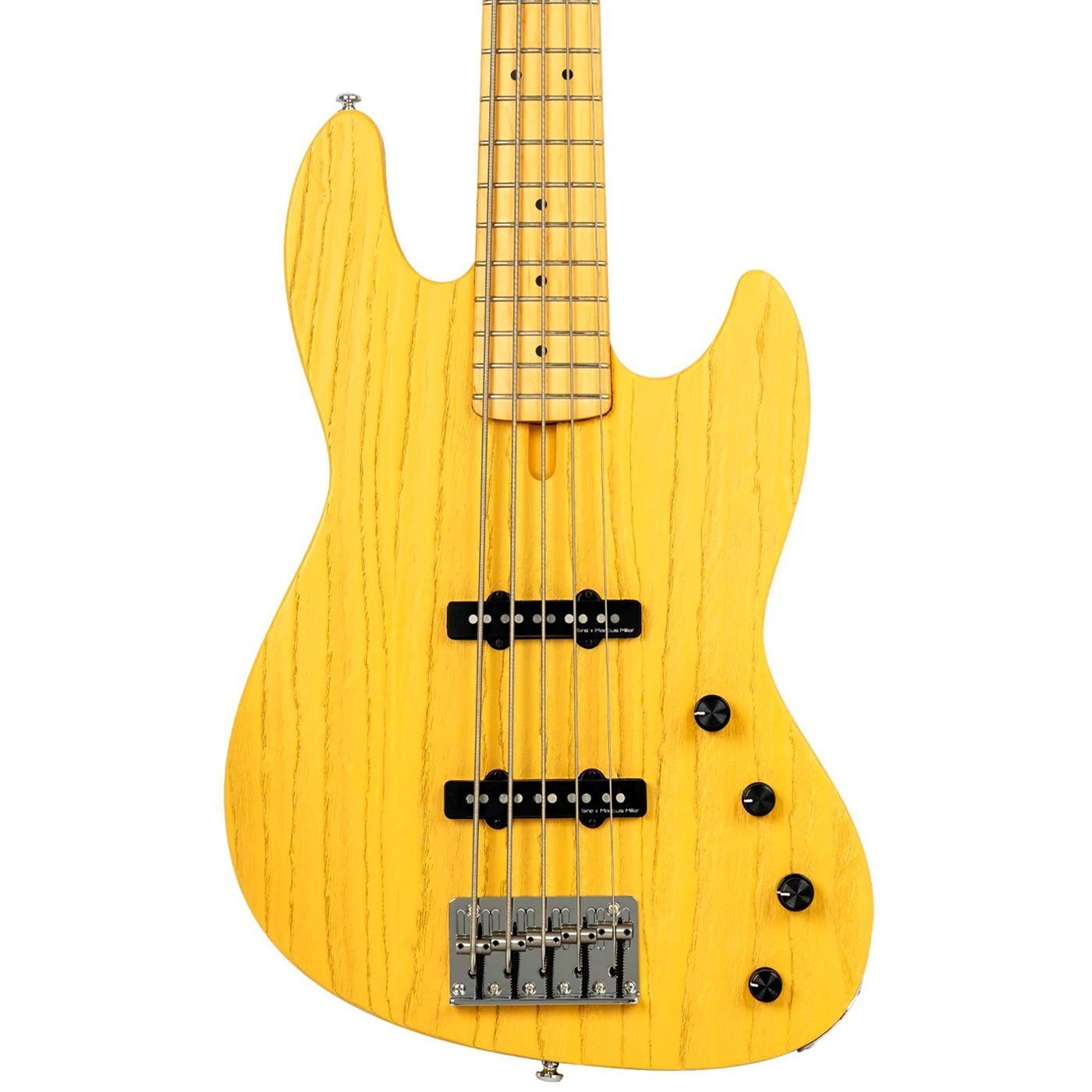 Siyah manyetiklere ve köprüye sahip sarı, beş telli bas gitar gövdesi.