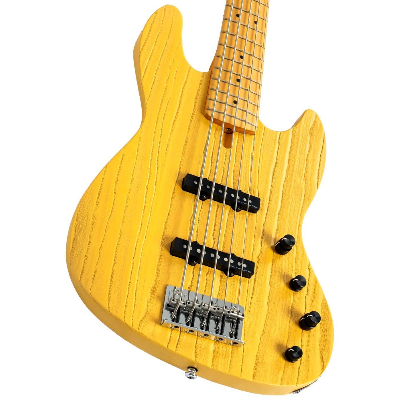 Ahşap damar görünümlü, beş telli sarı bas gitar.