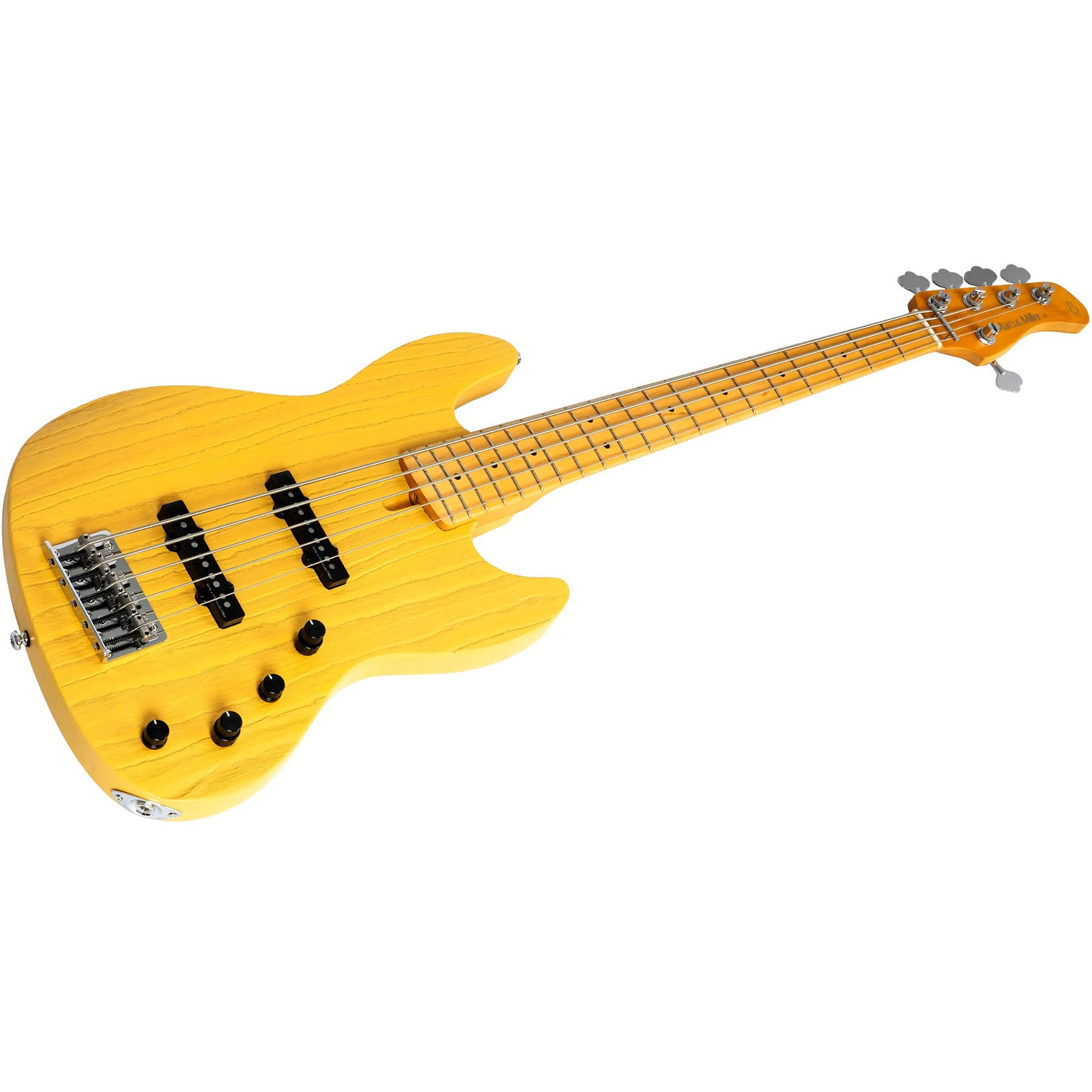 Akçaağaç saplı sarı beş telli elektro bas gitar.
