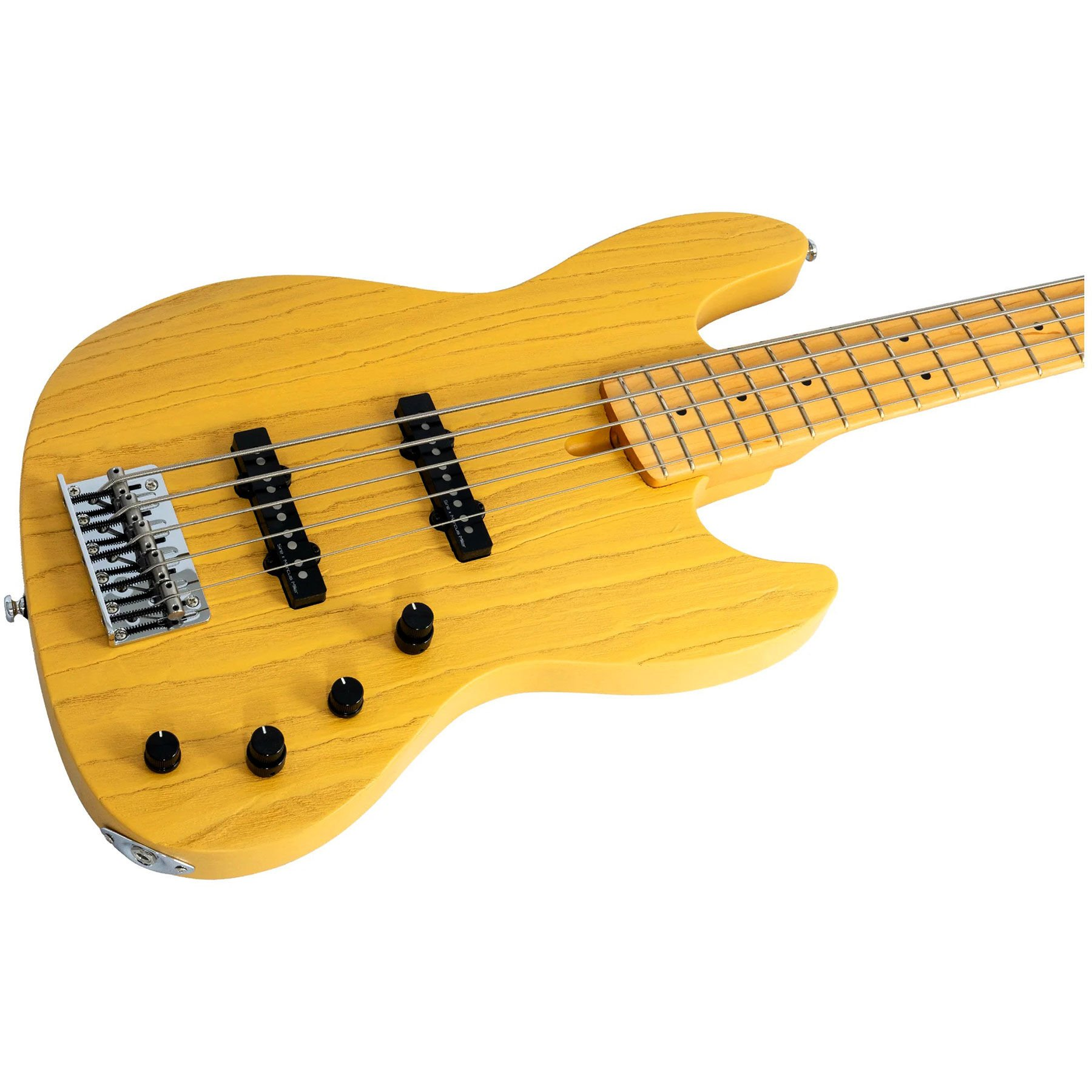 Siyah manyetiklere ve düğmelere sahip sarı, dört telli bas gitar.