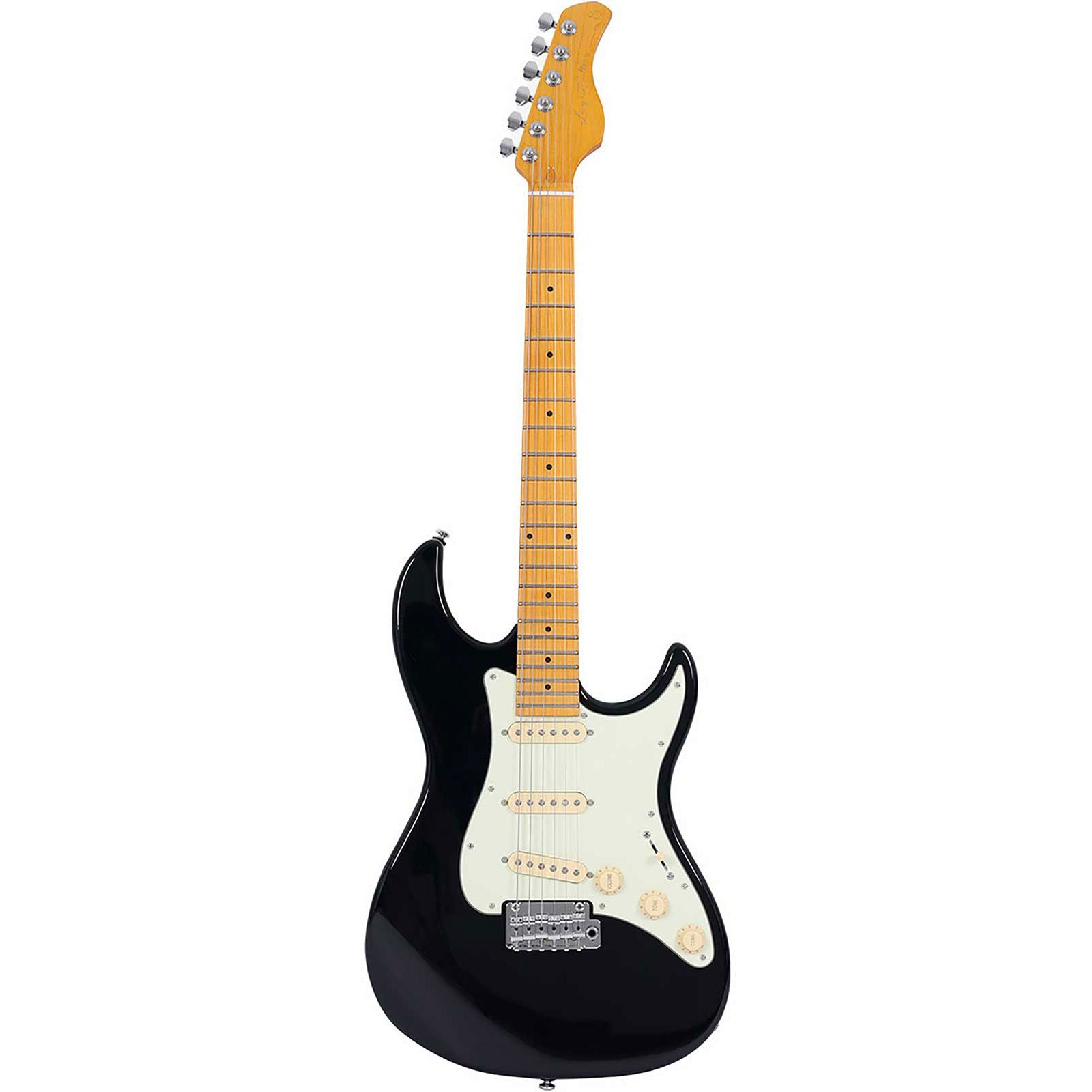 Açık kahverengi sapa ve klavyeye sahip siyah elektro gitar.