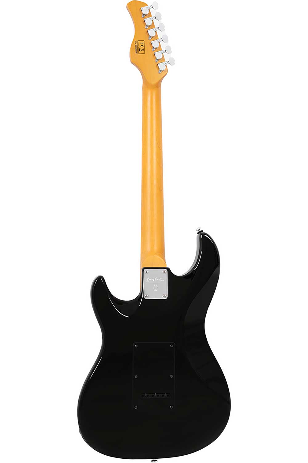 Açık ahşap sapa ve gümüş burgulara sahip siyah elektro gitarın arka görünümü.