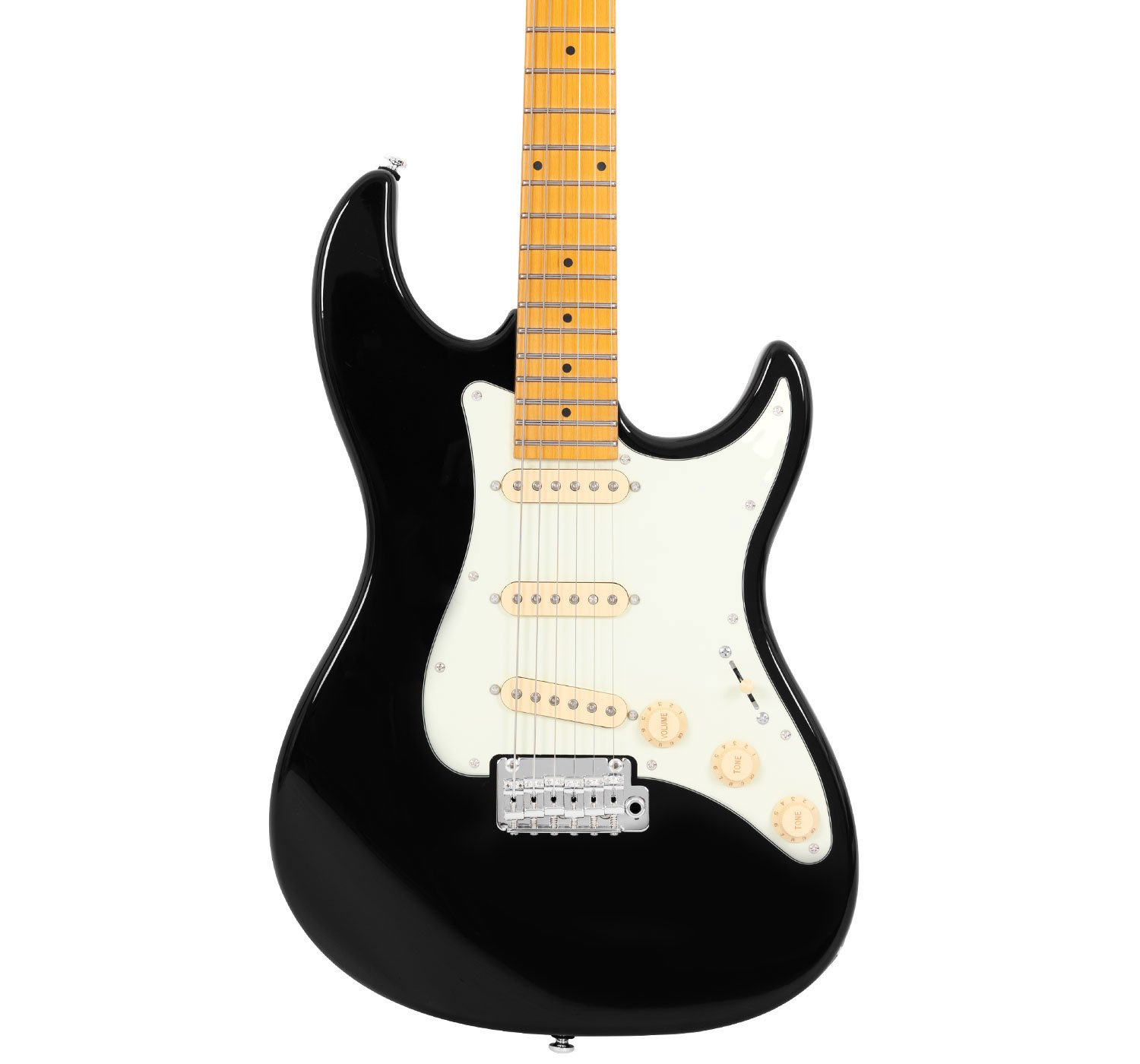 Beyaz pena korumalı siyah elektro gitar, açık renk klavyeli, yakın çekim.