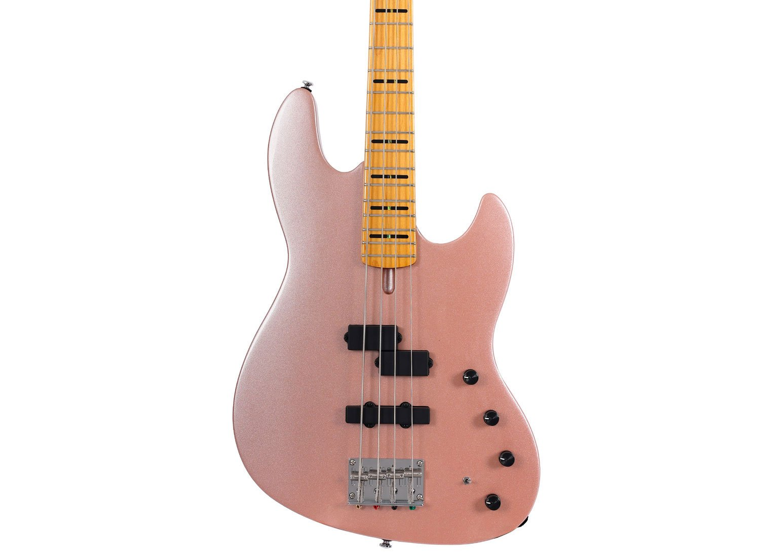 Akçaağaç sapa ve siyah manyetiklere sahip, gül altın rengi elektro gitarın yakın çekimi.