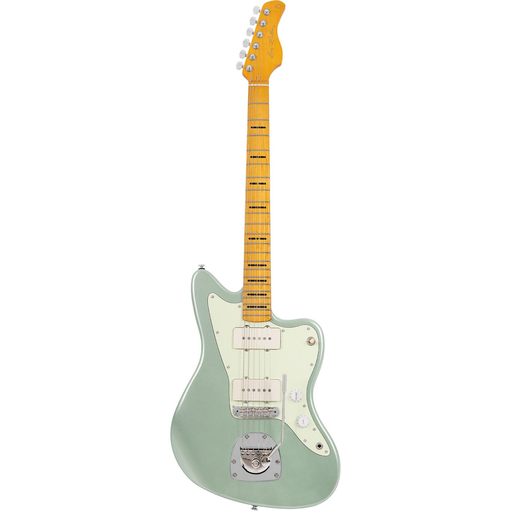 Krem pena korumalı ve gümüş donanımlı açık yeşil elektro gitar.