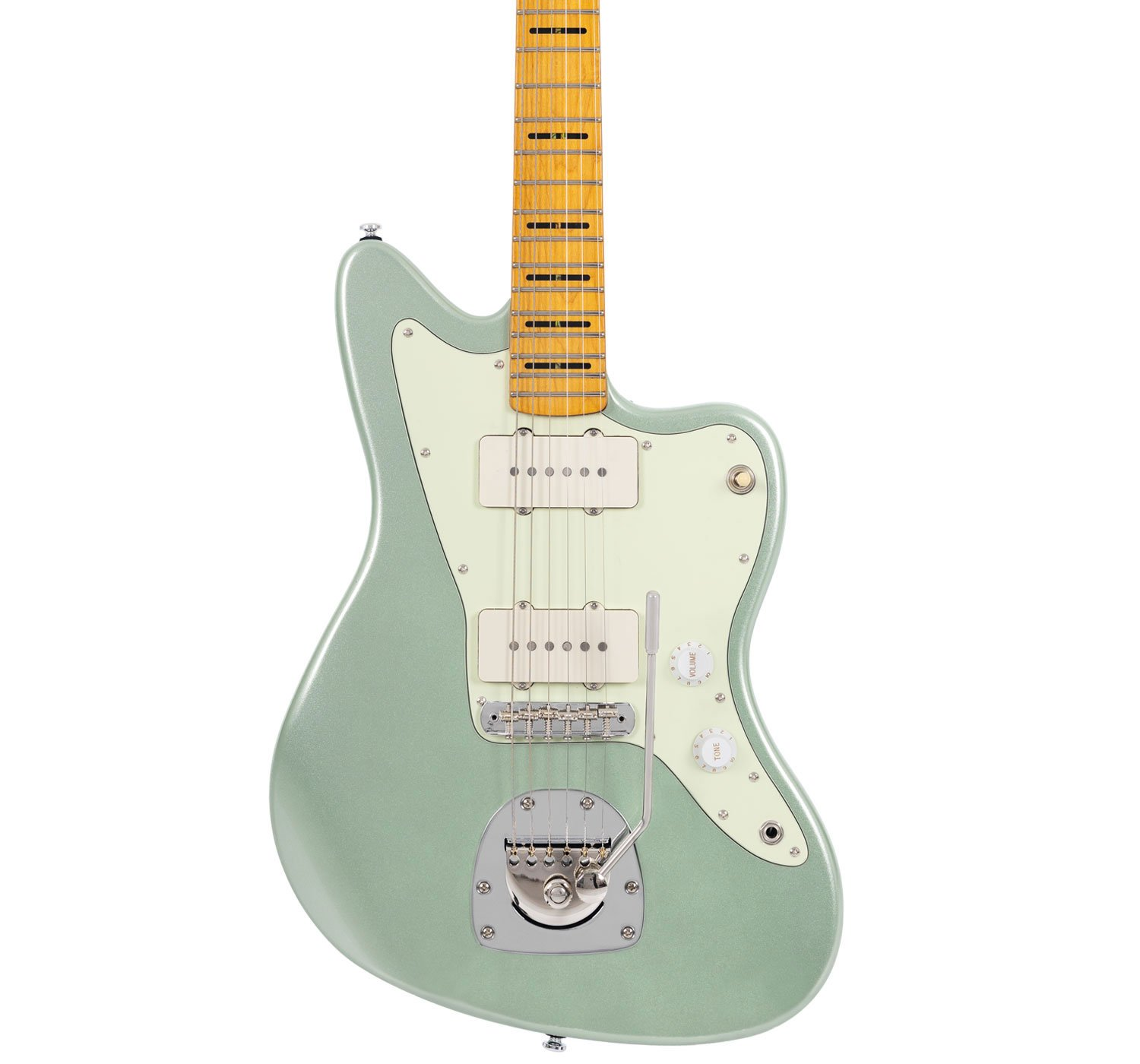 Gümüş donanımlı, ahşap klavyeli, açık yeşil elektro gitar.