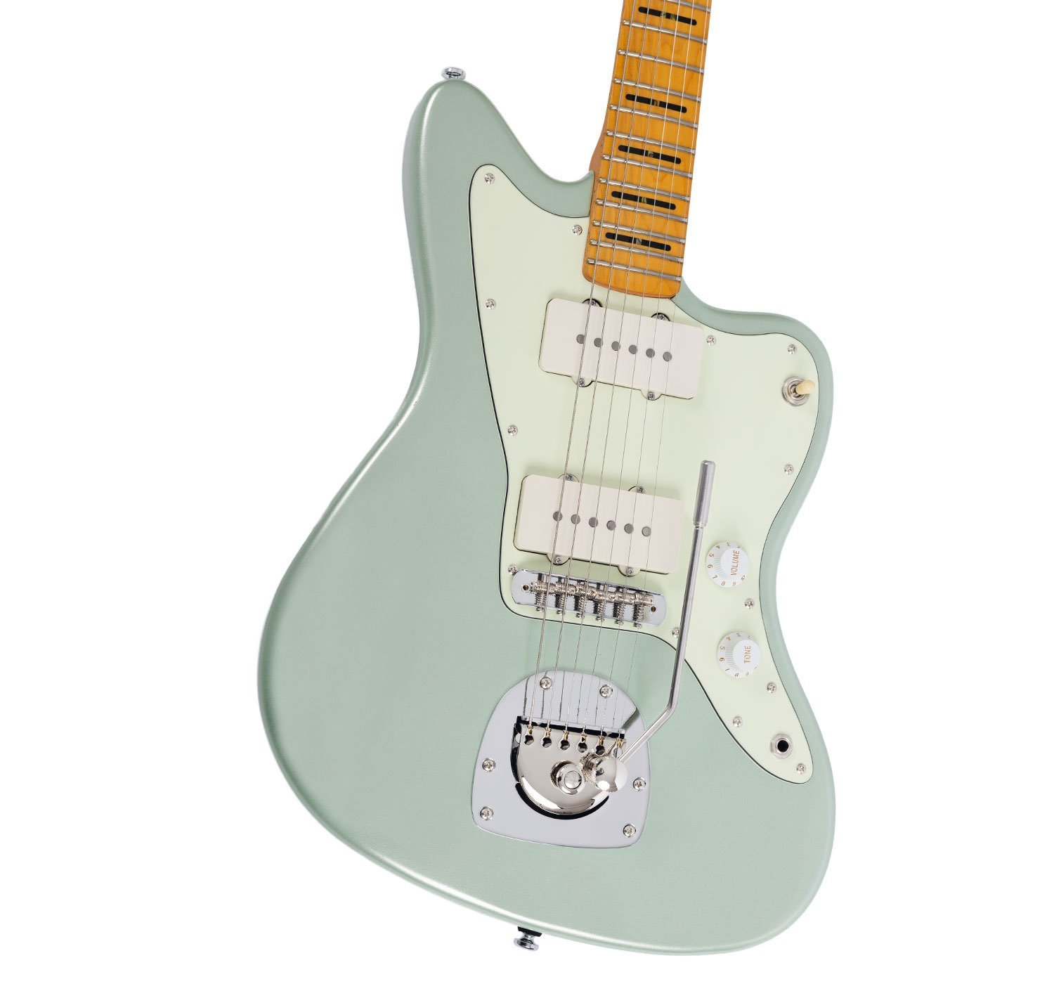 Humbucker manyetikli ve tremolo kollu açık yeşil elektro gitar.