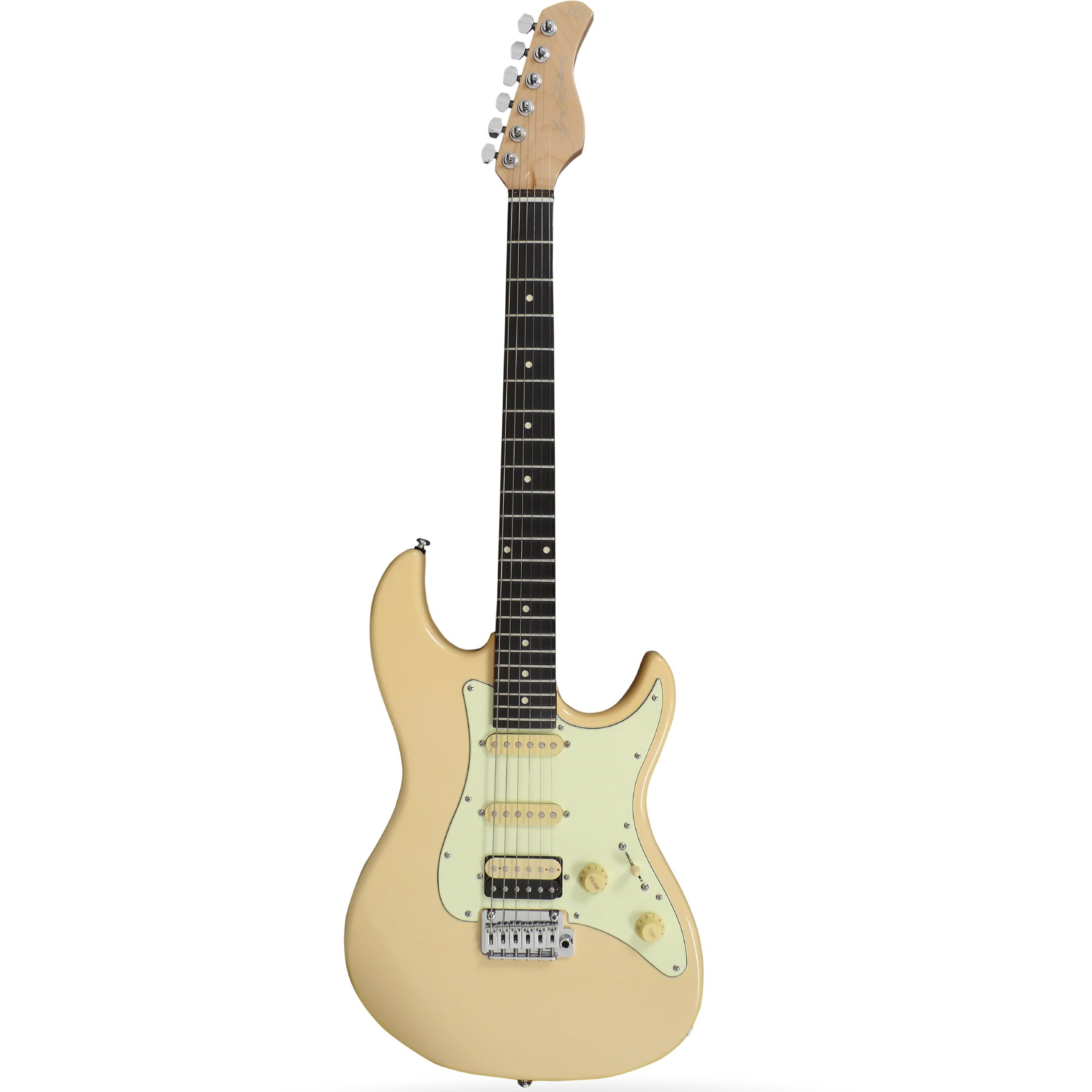 Açık renkli sapı ve krem rengi pena koruması olan krem rengi elektro gitar.