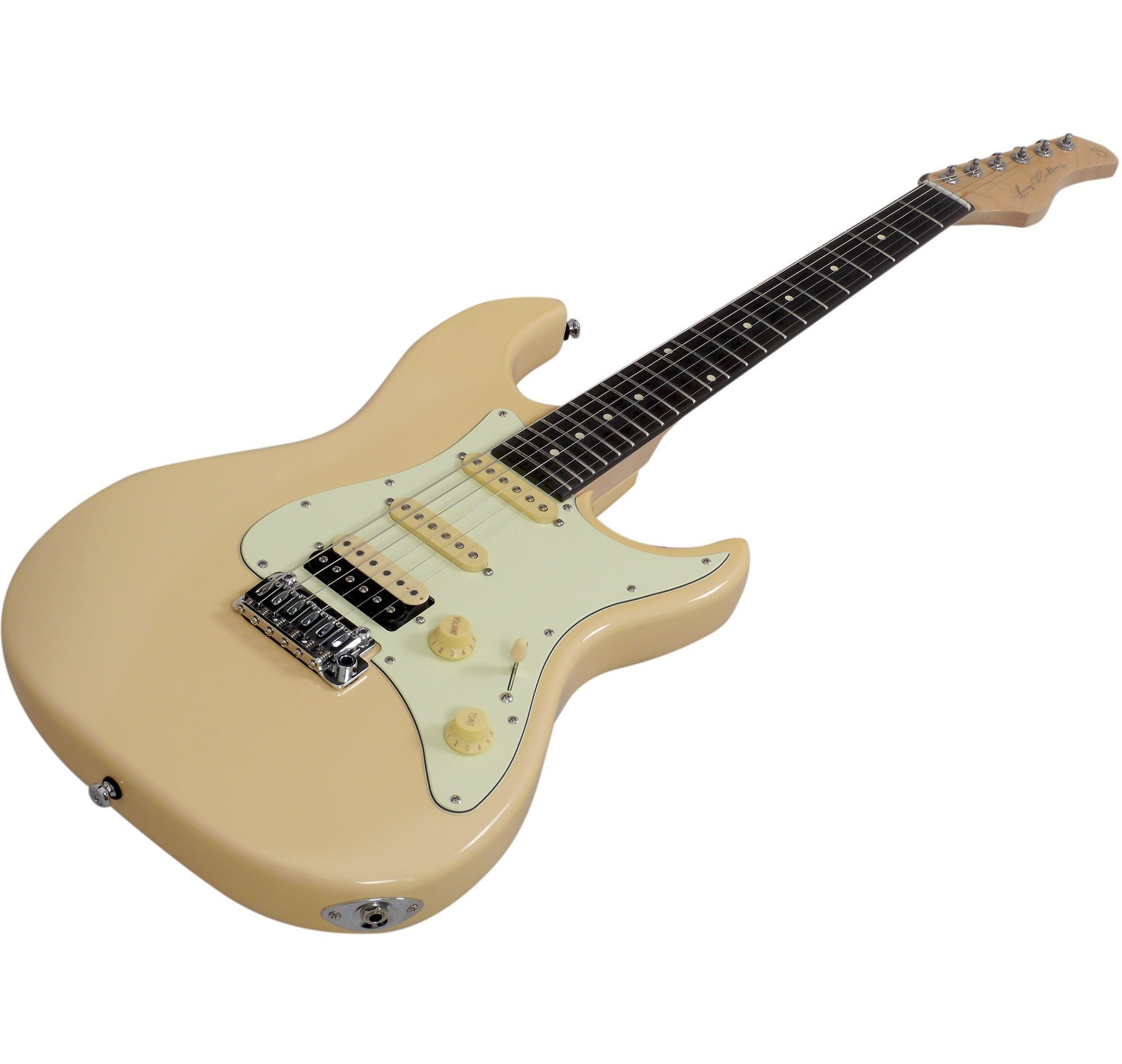 Krem rengi gövde, krem pickguard ve üç manyetiğe sahip elektro gitar.