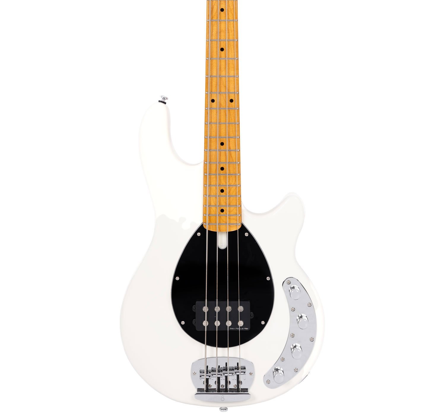 Siyah pena korumalı ve gümüş donanımlı beyaz bas gitar.